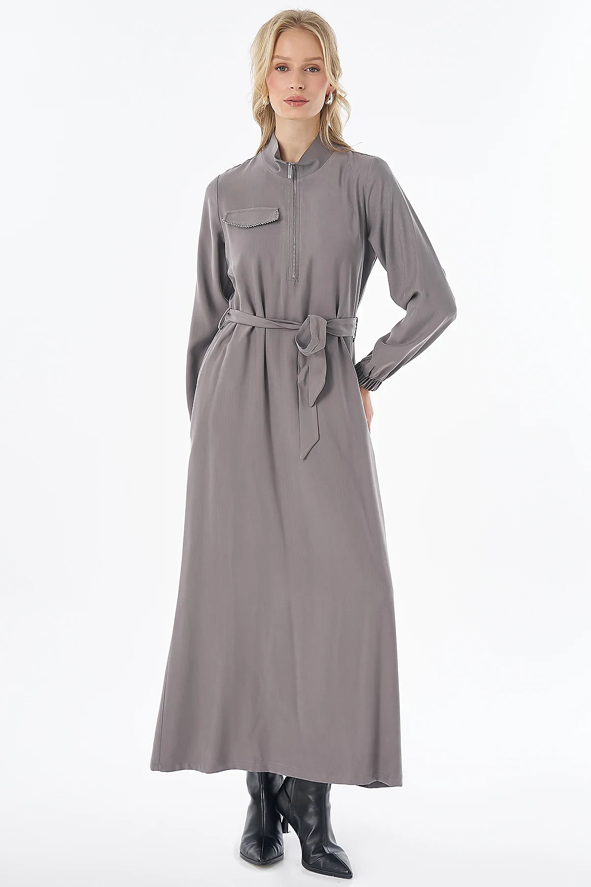 Rayon Dress with Flap Pockets Charcoal