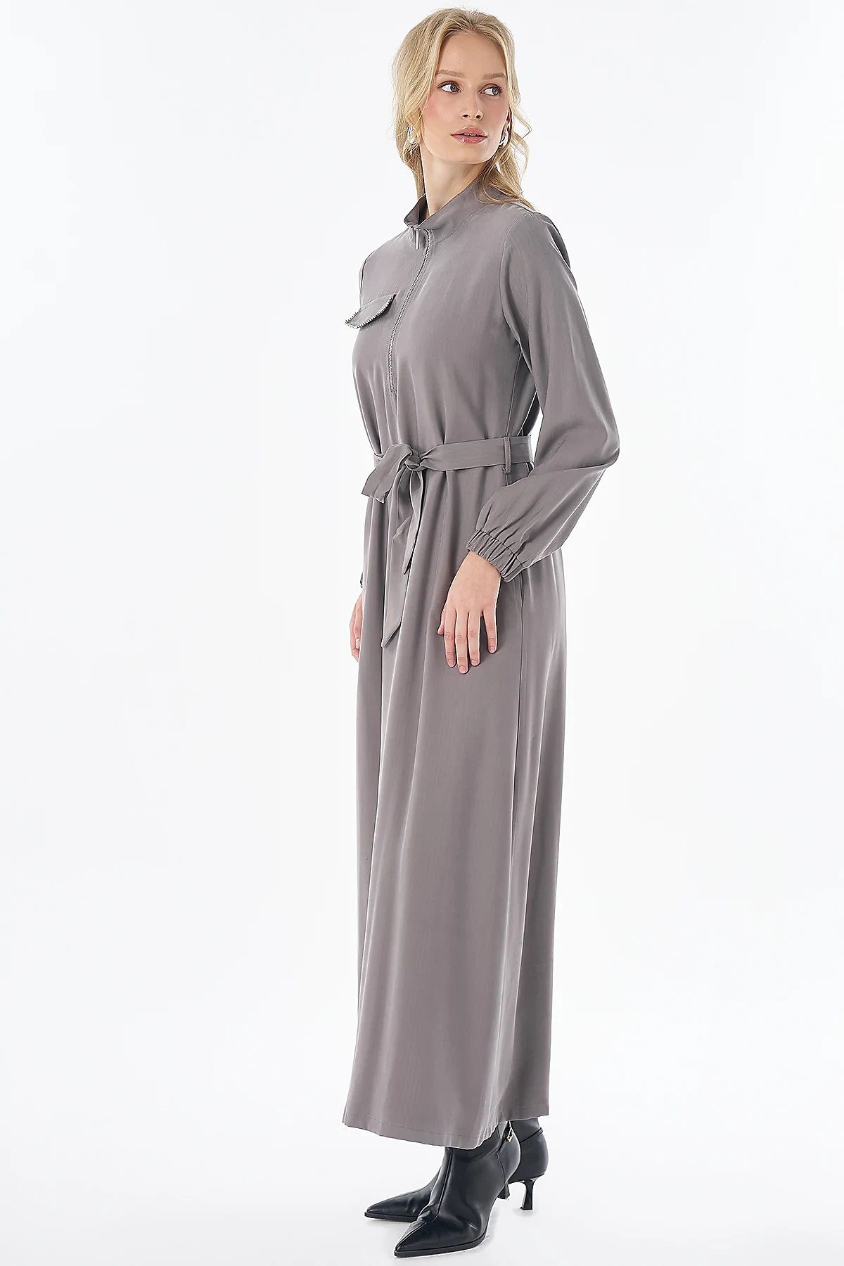 Rayon Dress with Flap Pockets Charcoal
