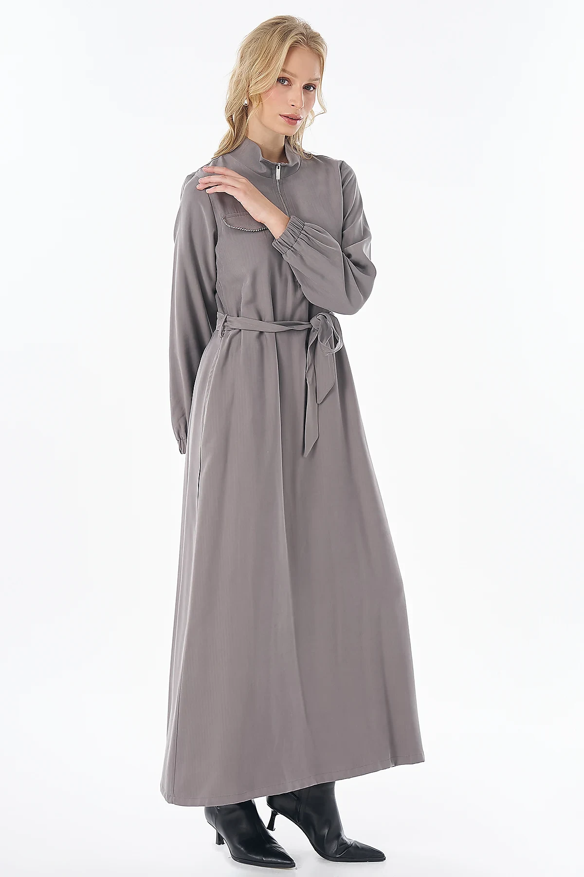 Rayon Dress with Flap Pockets Charcoal