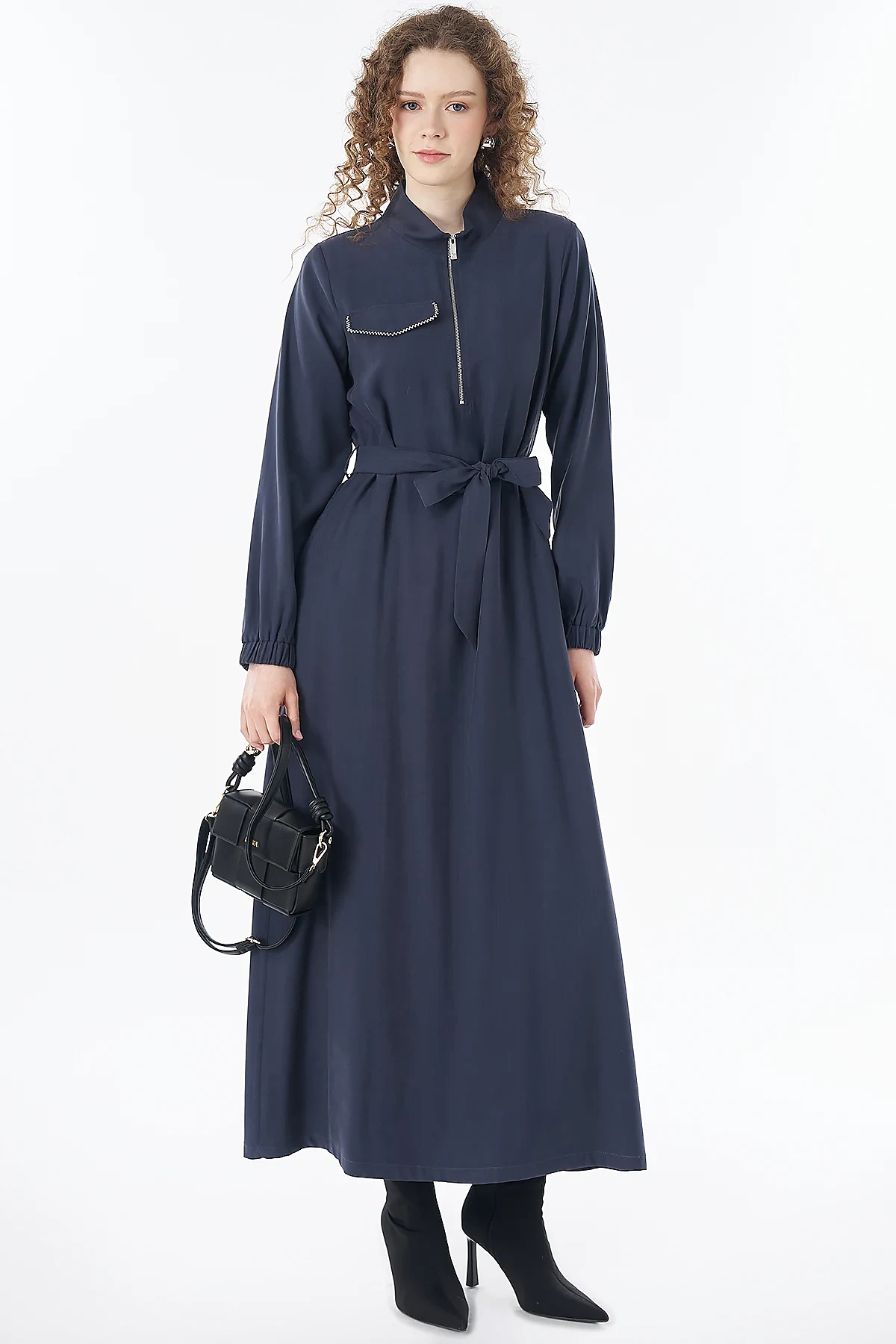 Rayon Dress with Flap Pockets Navy