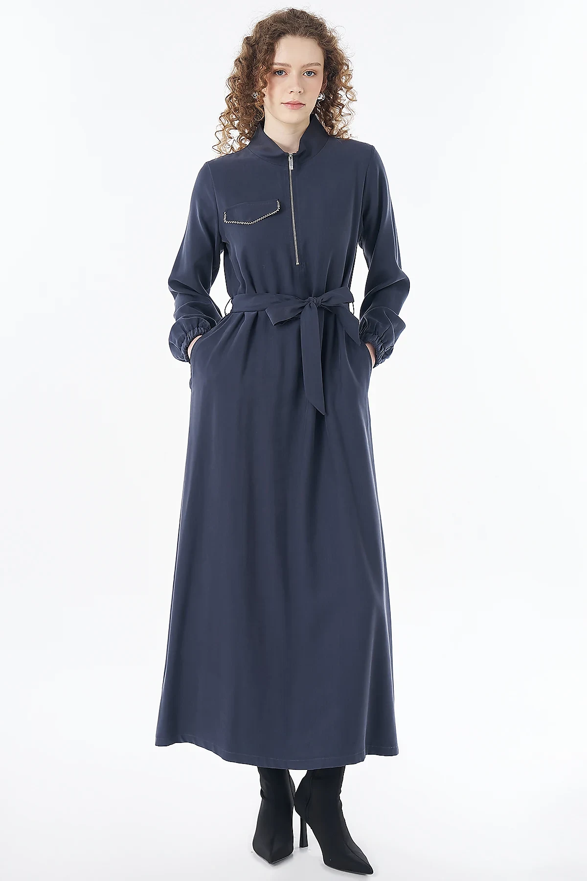 Rayon Dress with Flap Pockets Navy