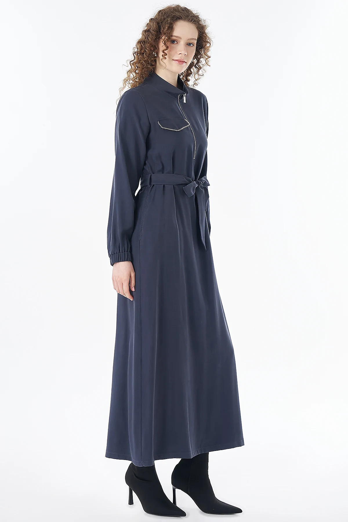 Rayon Dress with Flap Pockets Navy