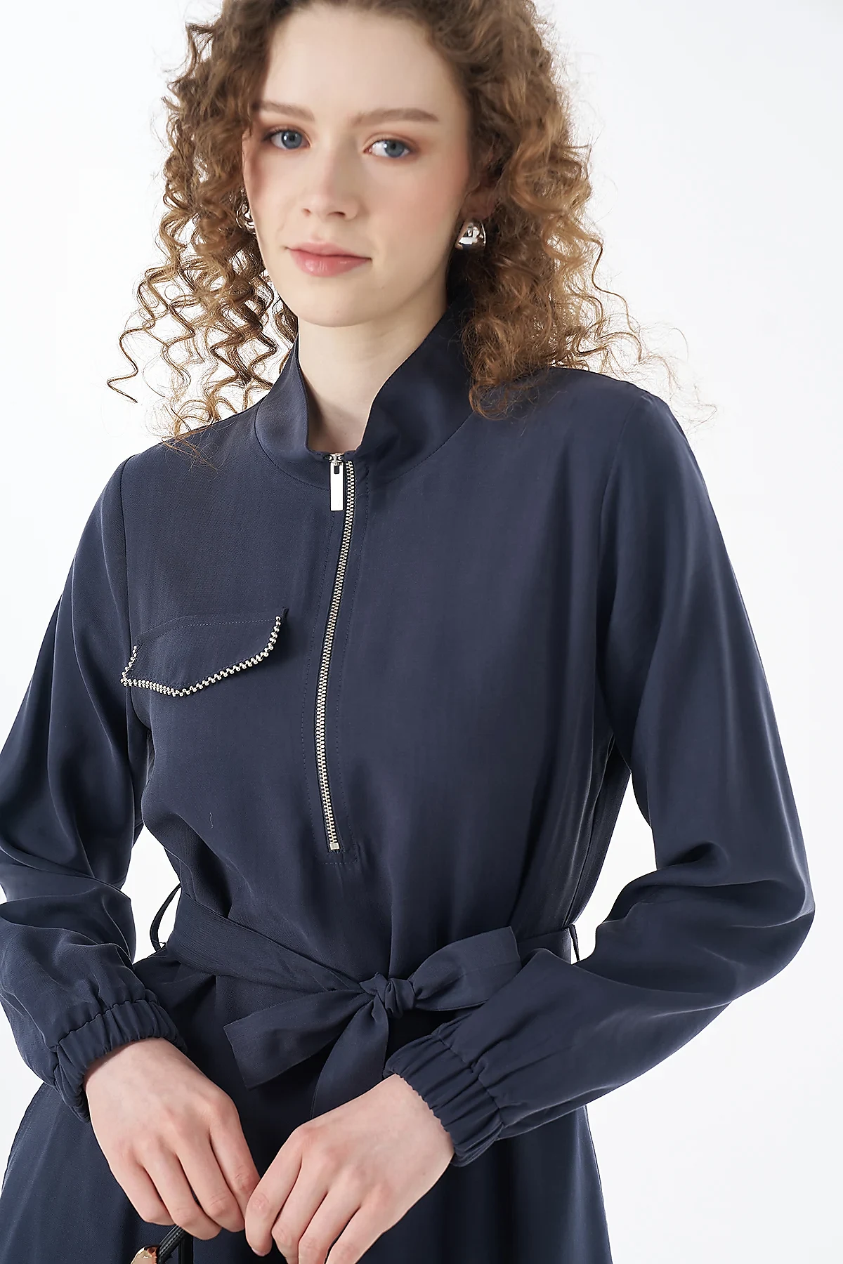 Rayon Dress with Flap Pockets Navy