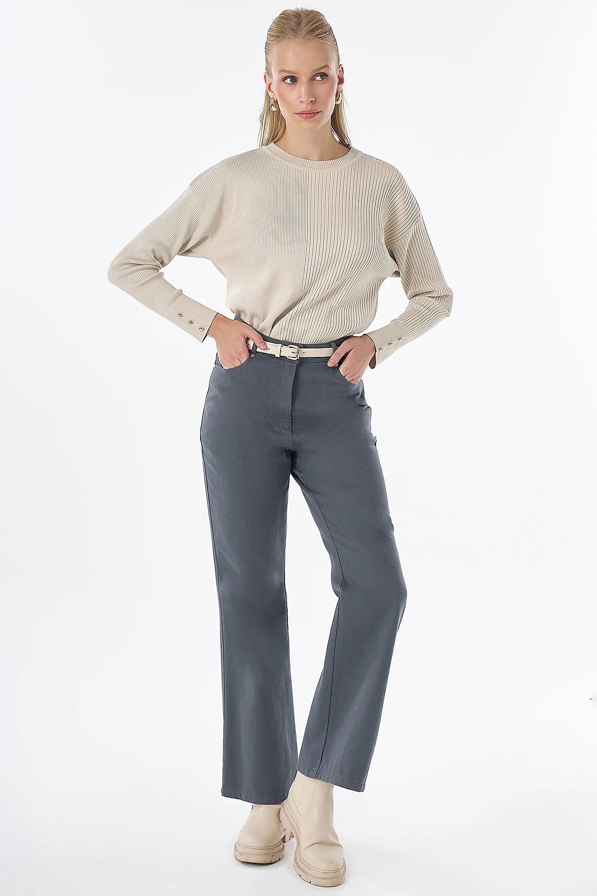 Flared Non-Denim Trousers Indigo