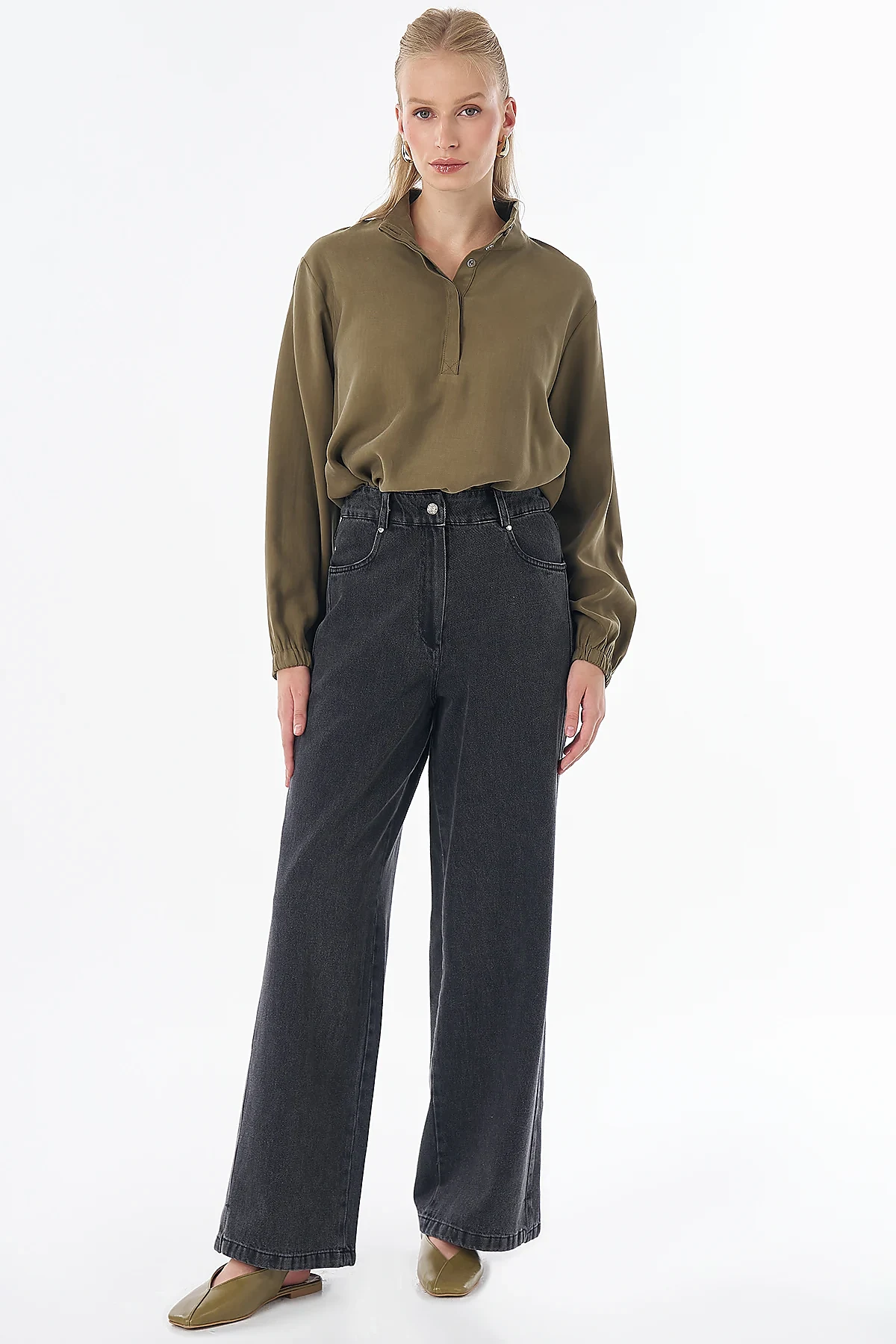 High-Waisted Denim Trousers Black