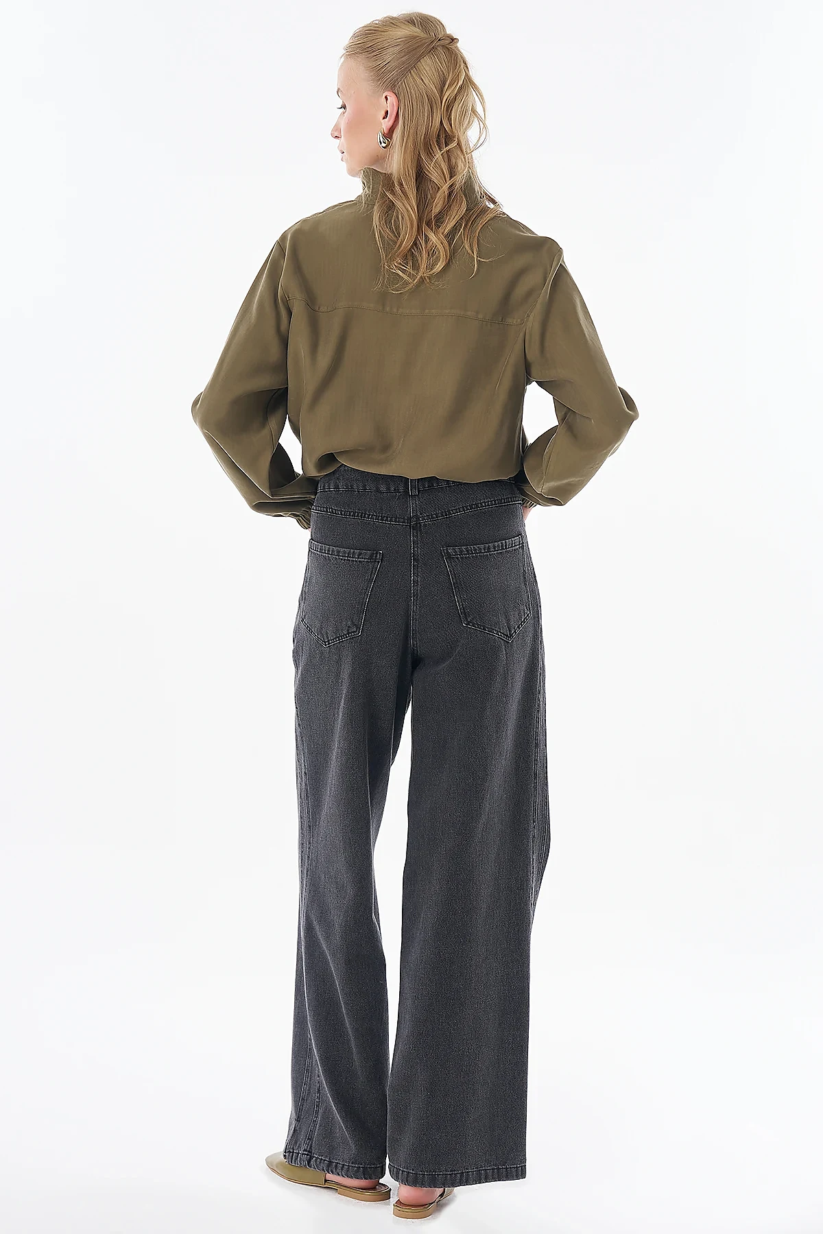 High-Waisted Denim Trousers Black