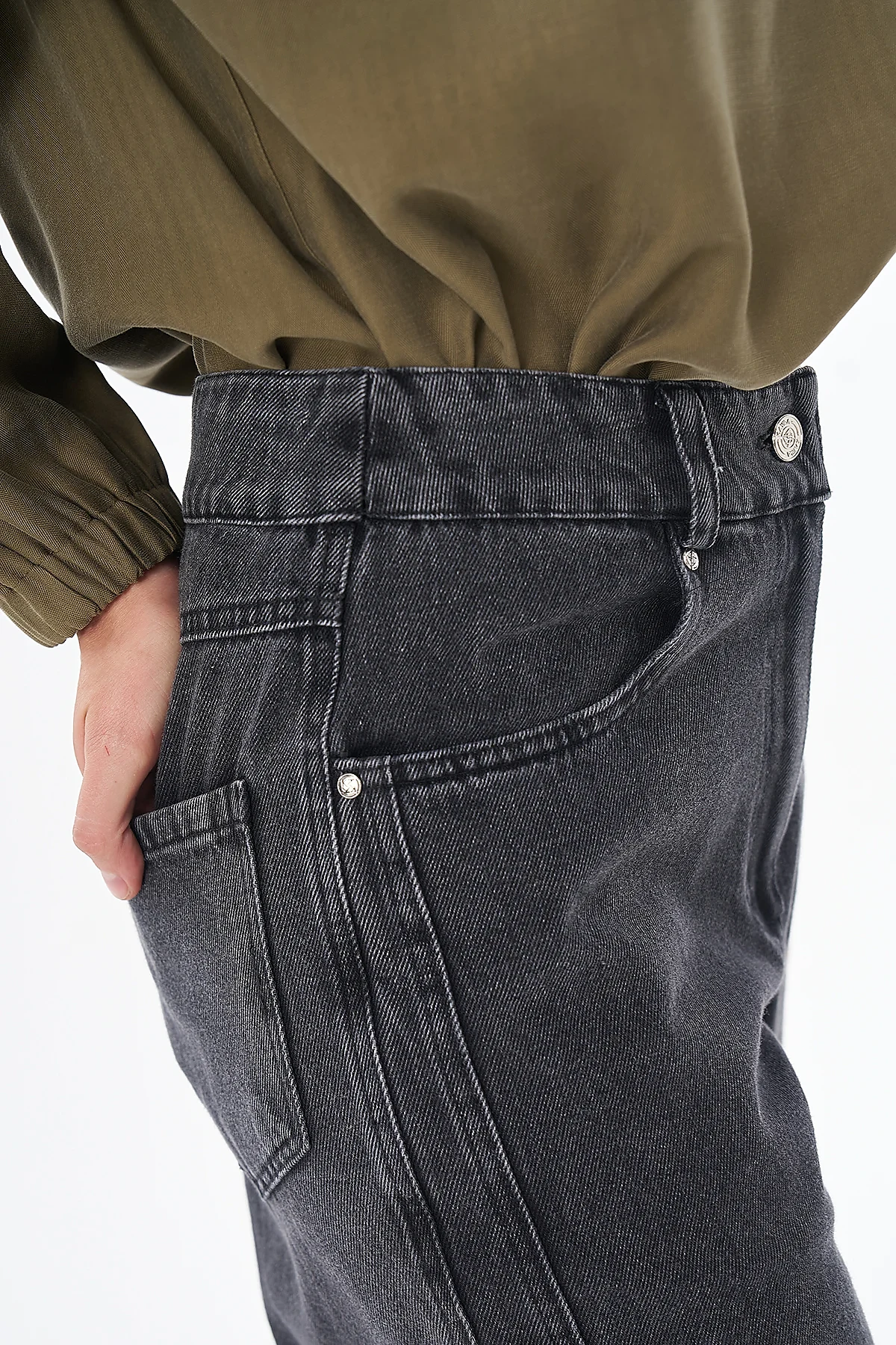 High-Waisted Denim Trousers Black