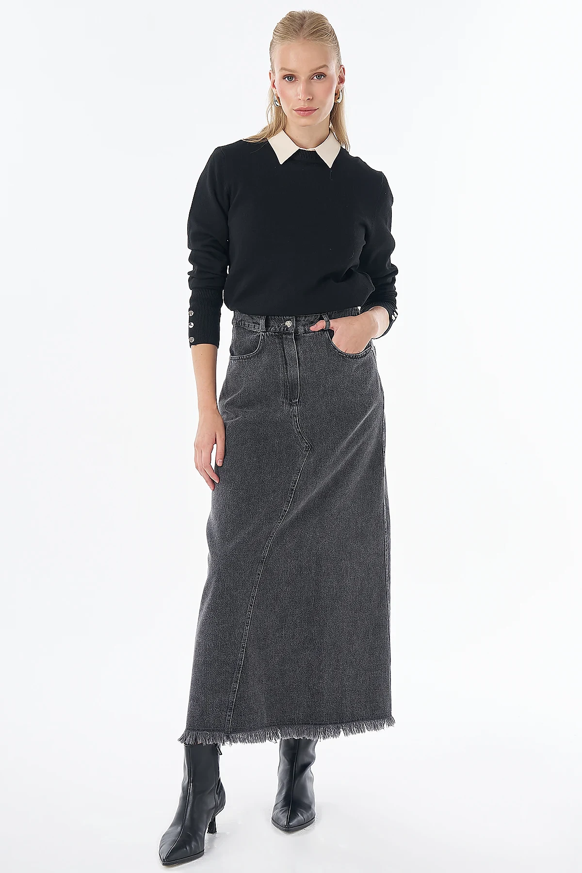 Stitch Detail Denim Skirt Anthracite