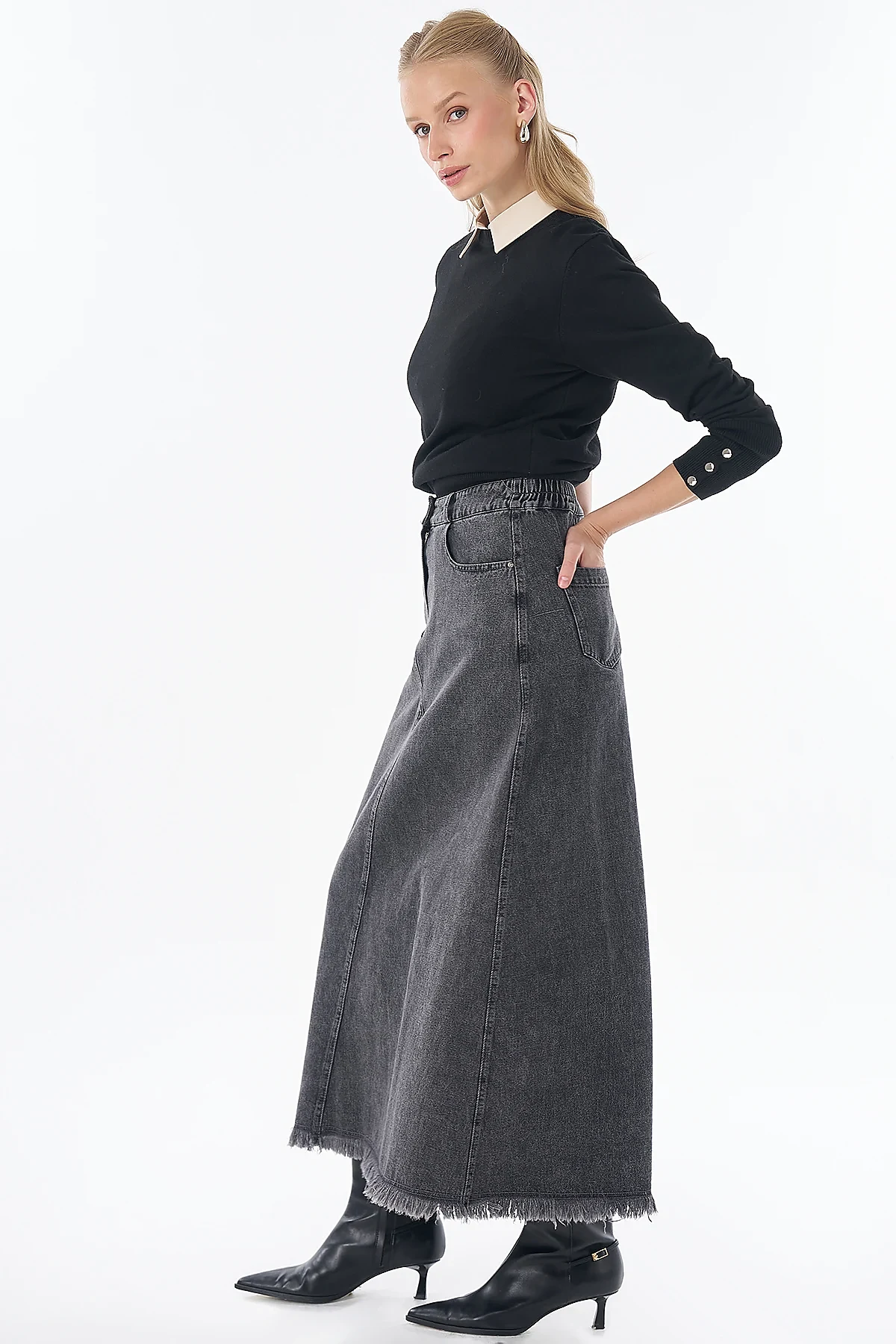 Stitch Detail Denim Skirt Anthracite