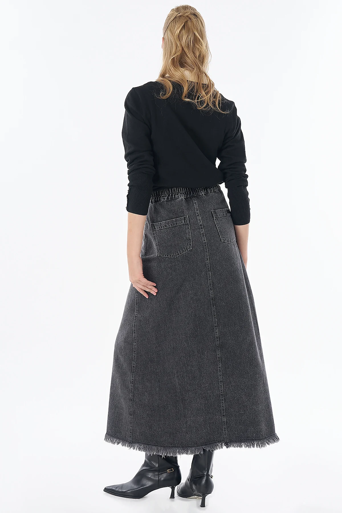 Stitch Detail Denim Skirt Anthracite