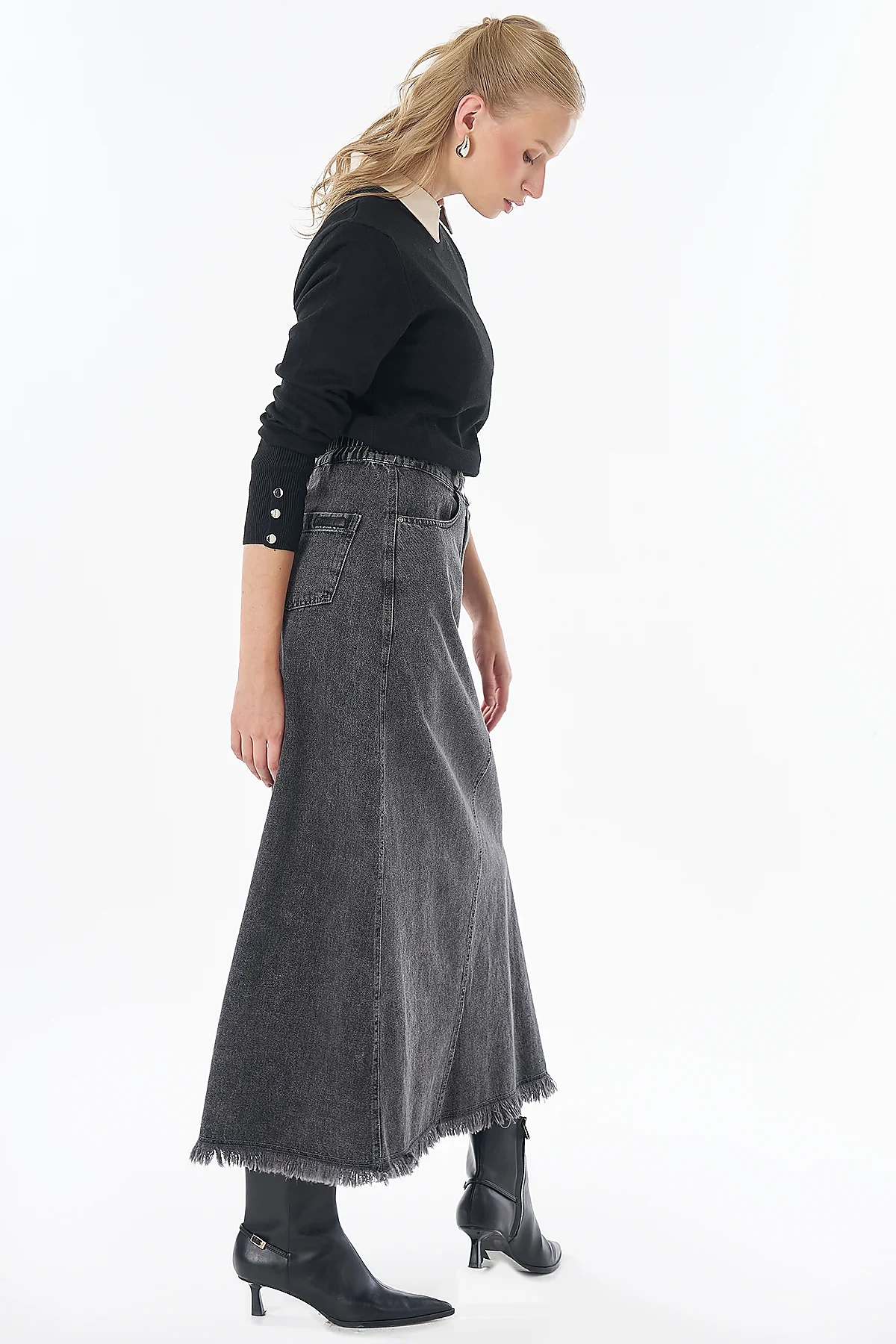 Stitch Detail Denim Skirt Anthracite