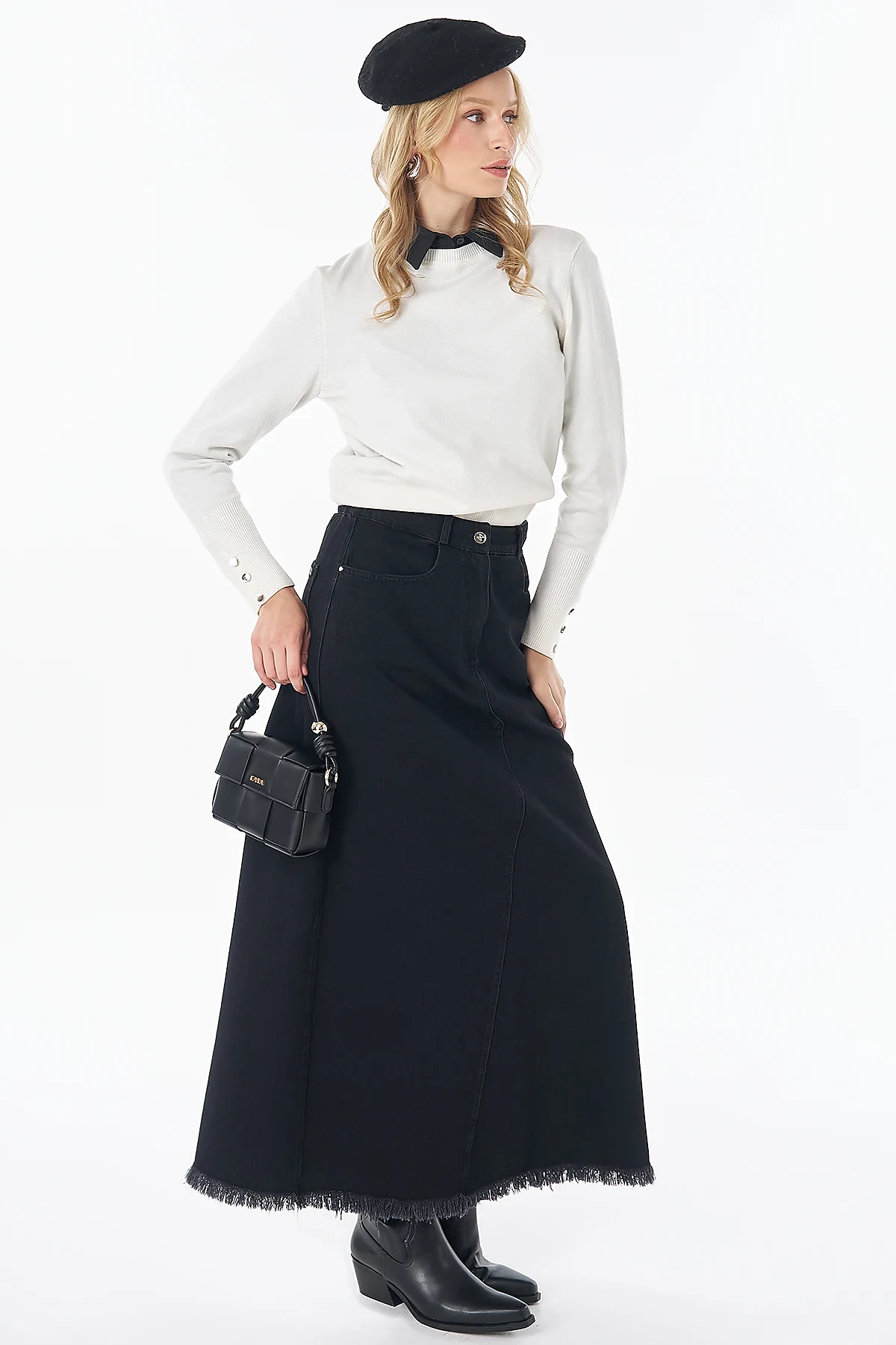 Stitch Detail Denim Skirt Black