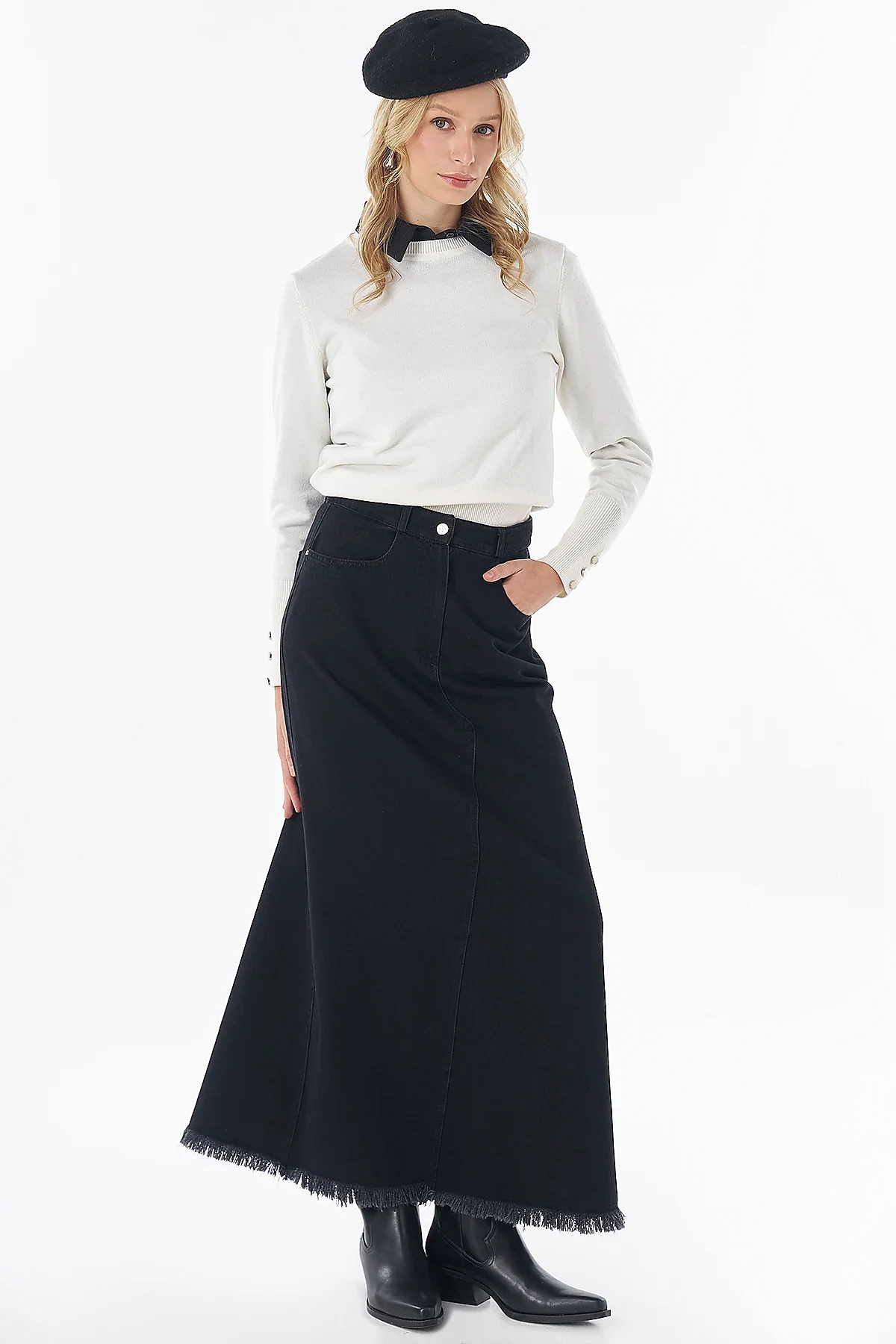 Stitch Detail Denim Skirt Black