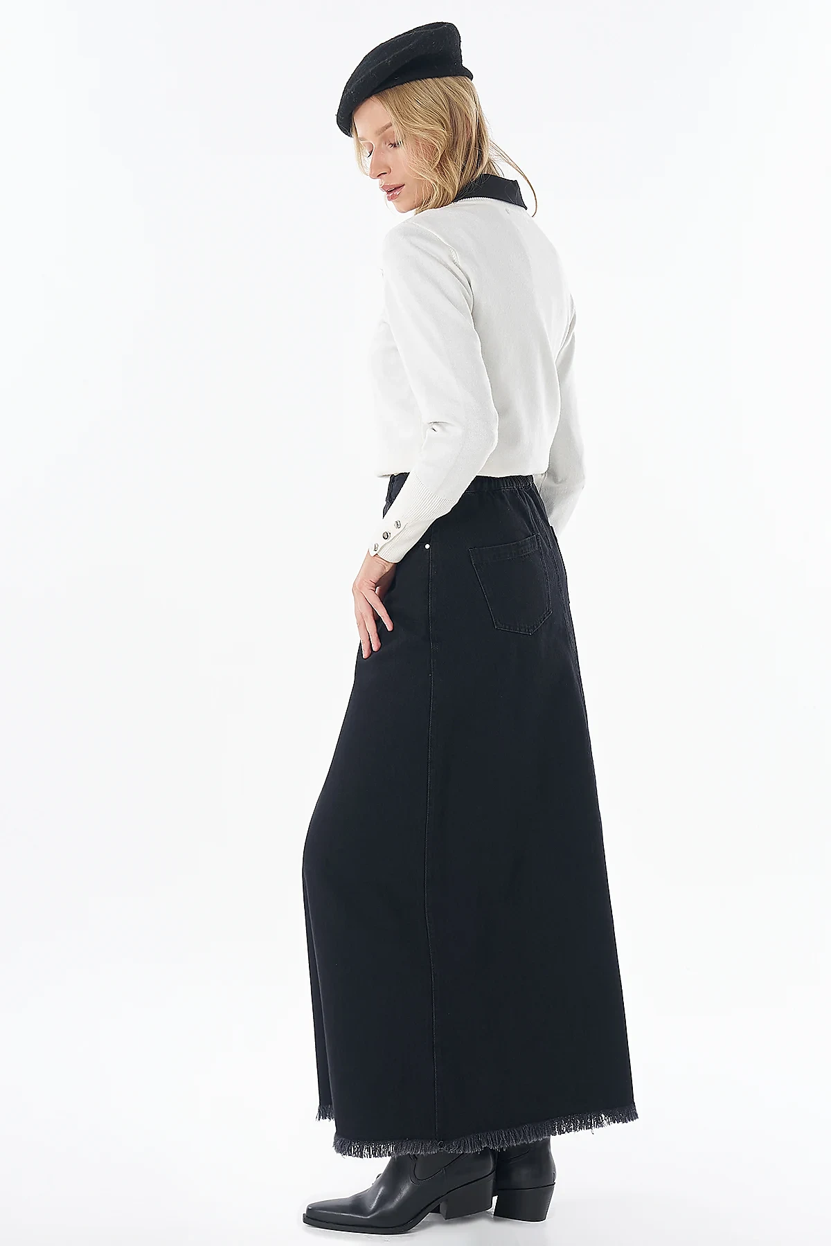 Stitch Detail Denim Skirt Black