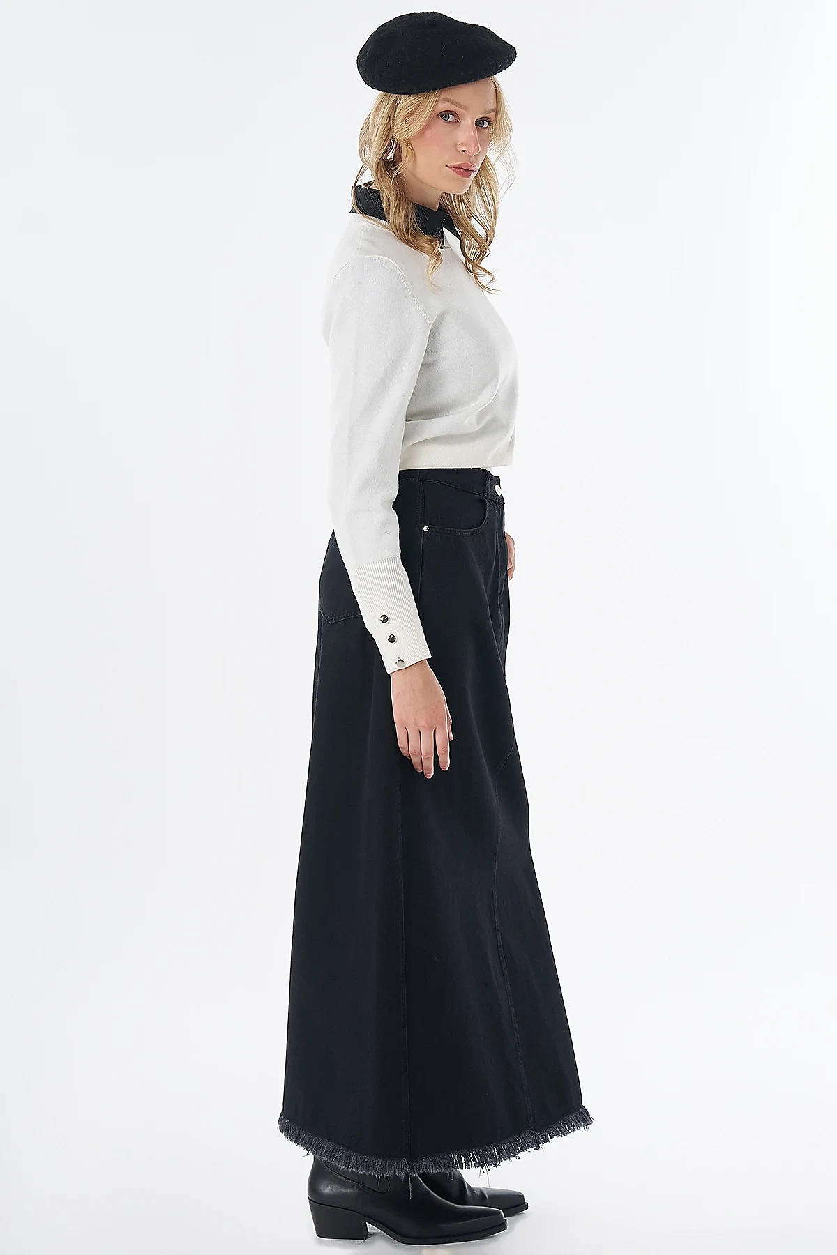 Stitch Detail Denim Skirt Black