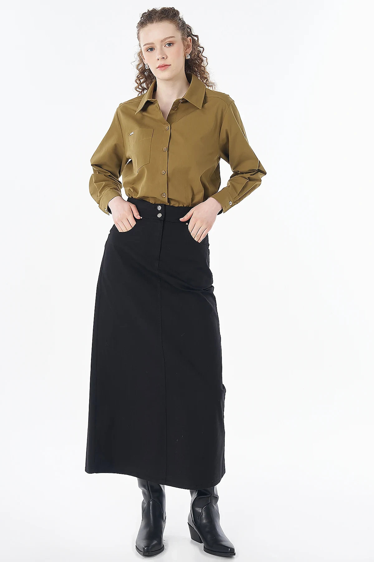 Button-Detail Non-Denim Skirt Black