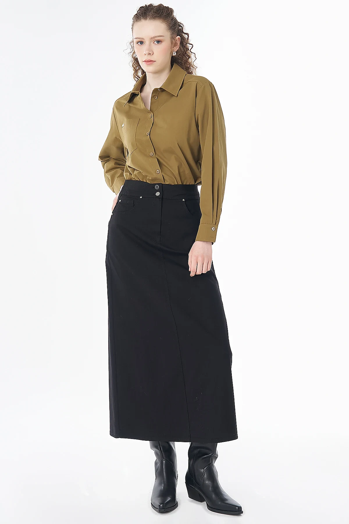 Button-Detail Non-Denim Skirt Black