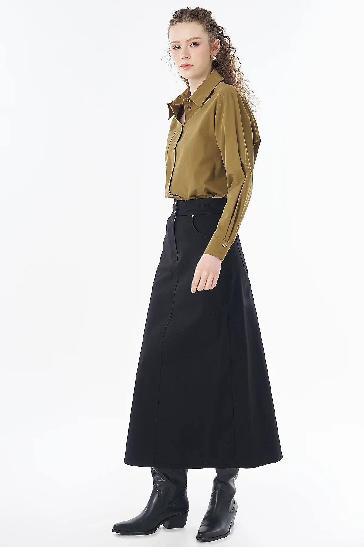 Button-Detail Non-Denim Skirt Black