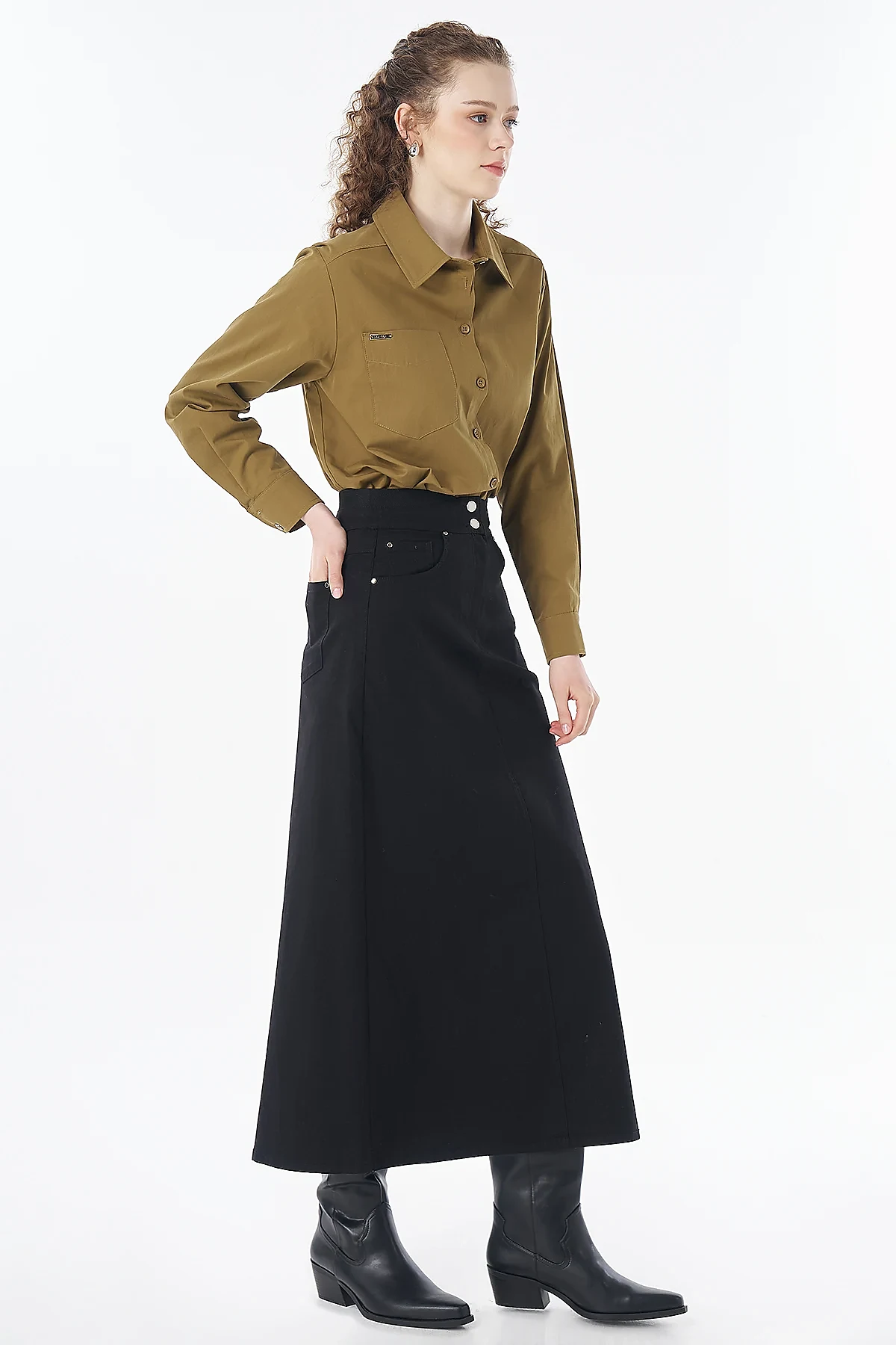 Button-Detail Non-Denim Skirt Black