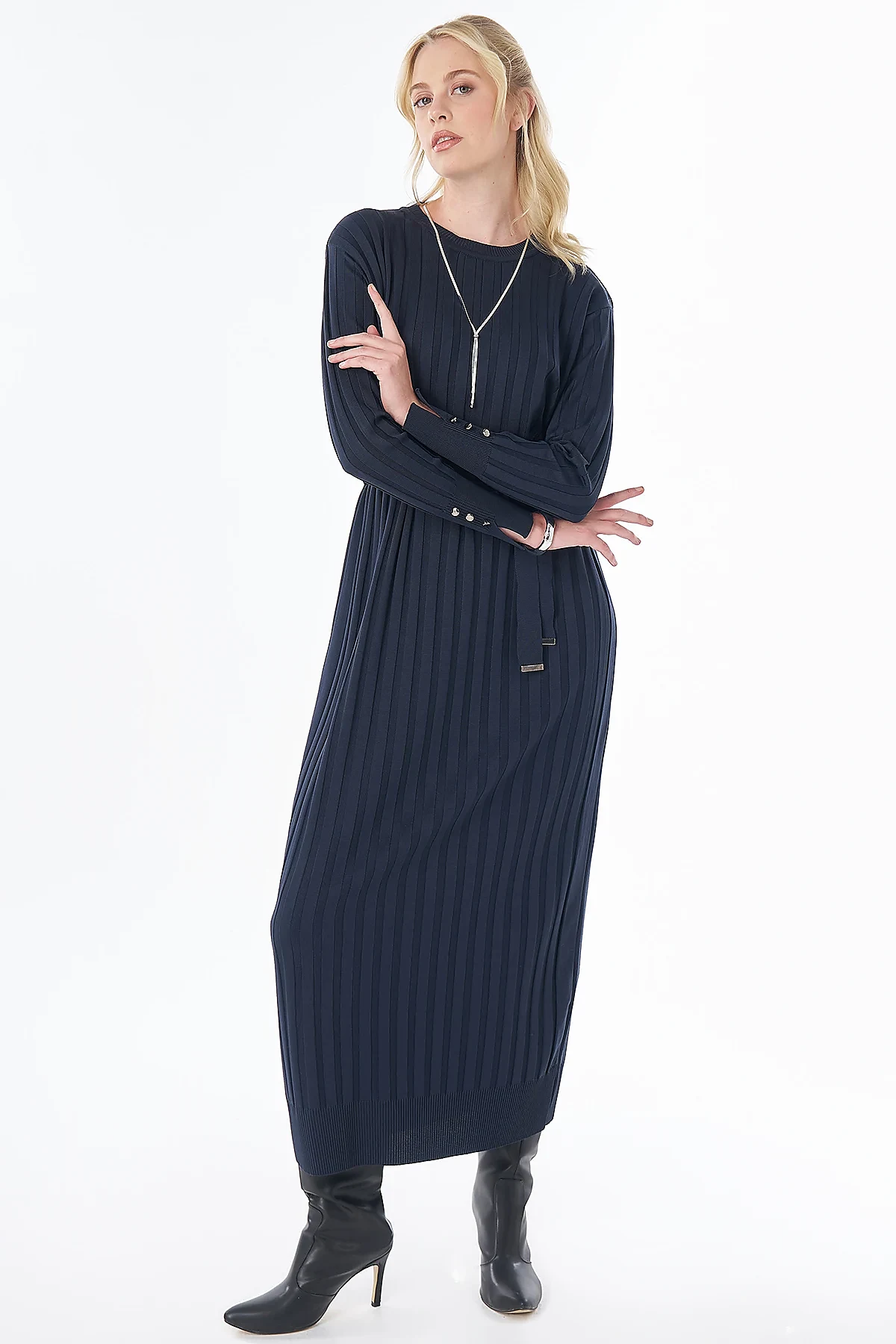 Belted Knit Dress Navy