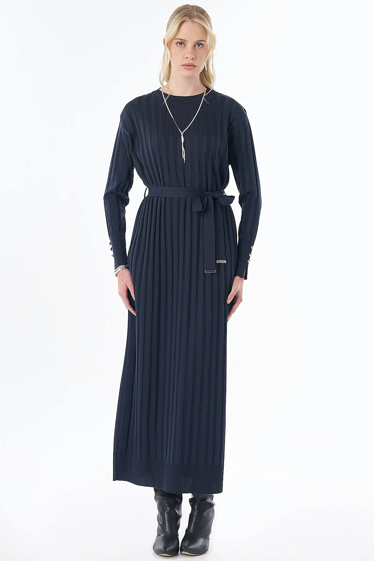 Belted Knit Dress Navy