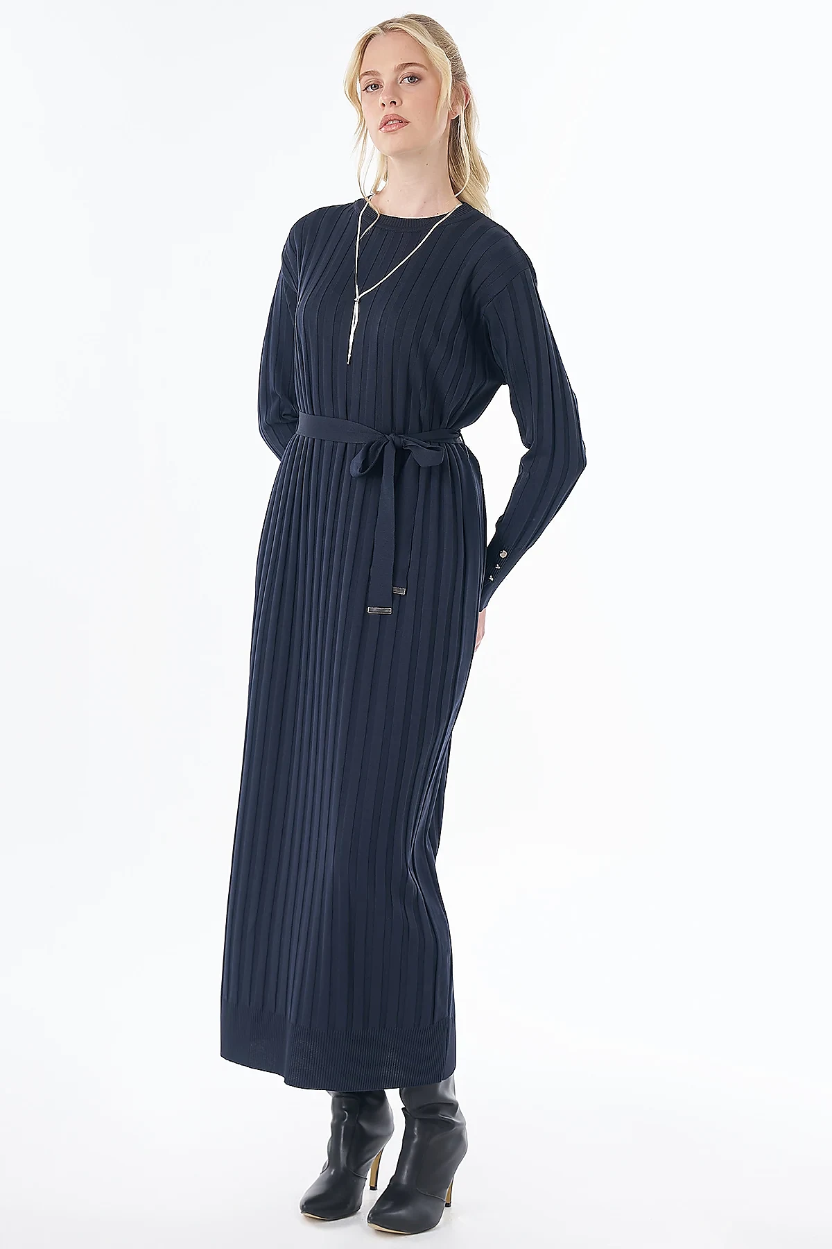 Belted Knit Dress Navy