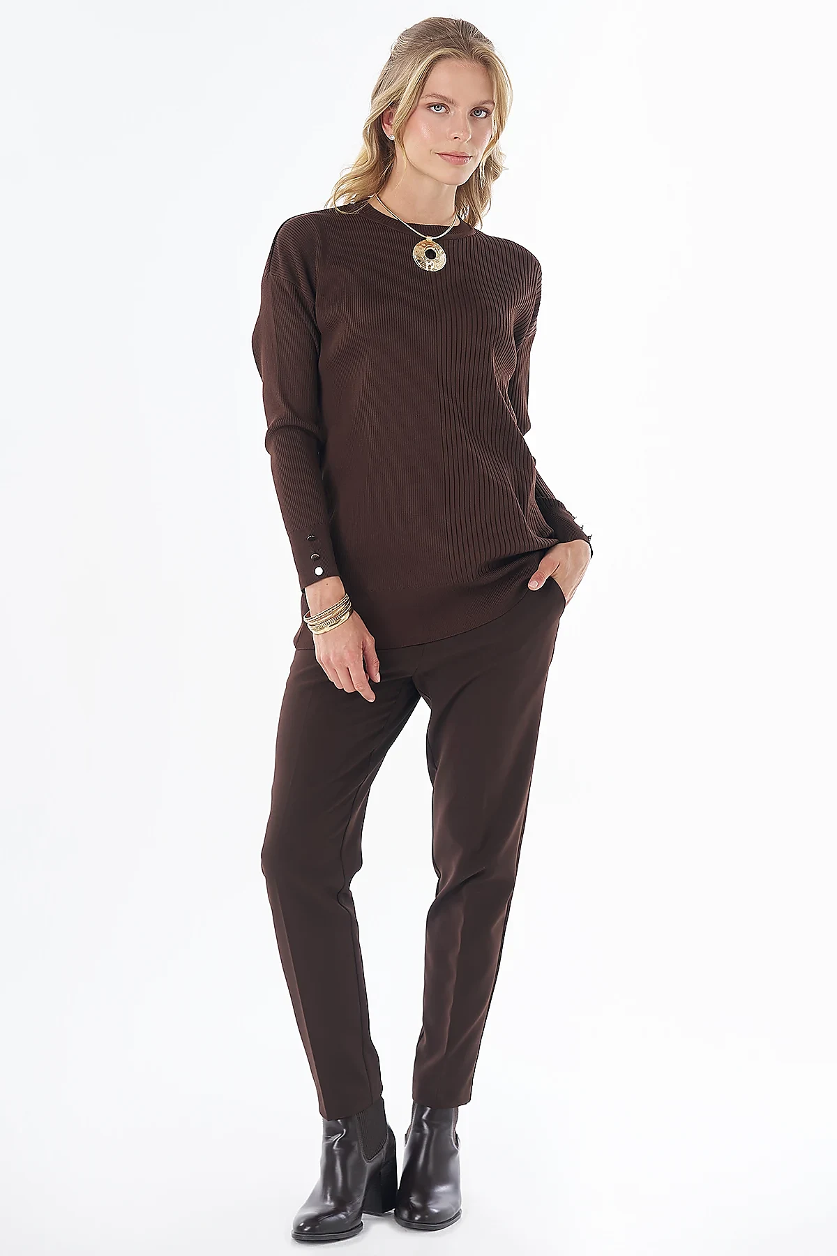 Accessory Button Knit Tunic - Brown