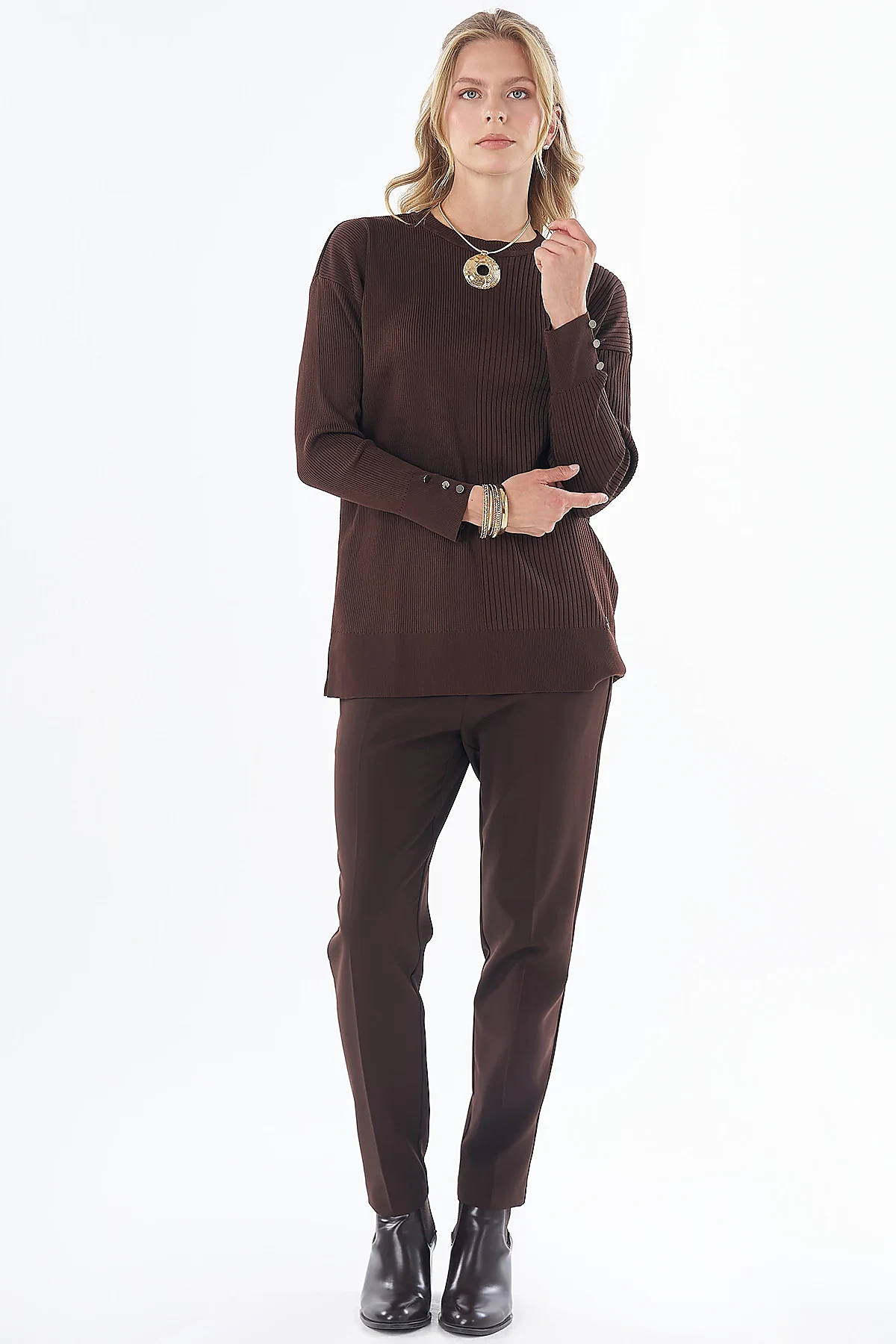 Accessory Button Knit Tunic - Brown