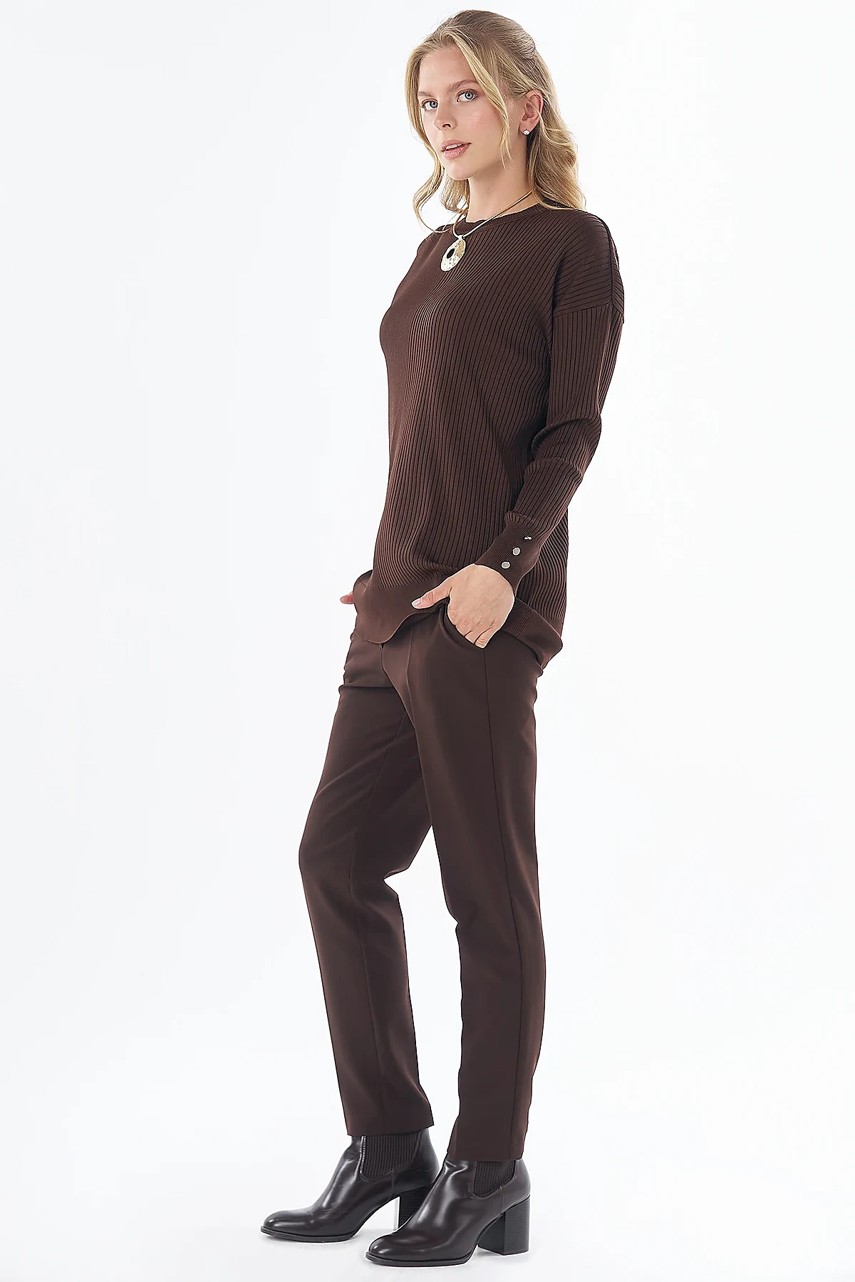 Accessory Button Knit Tunic - Brown