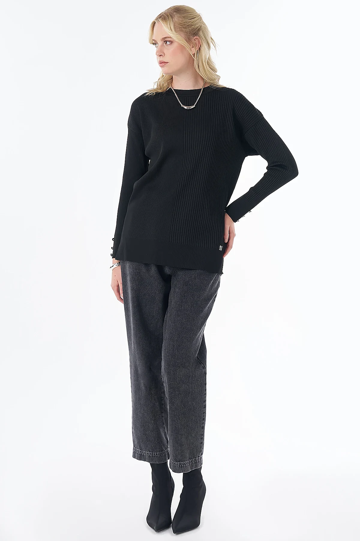 Accessory Button Knit Tunic - Black