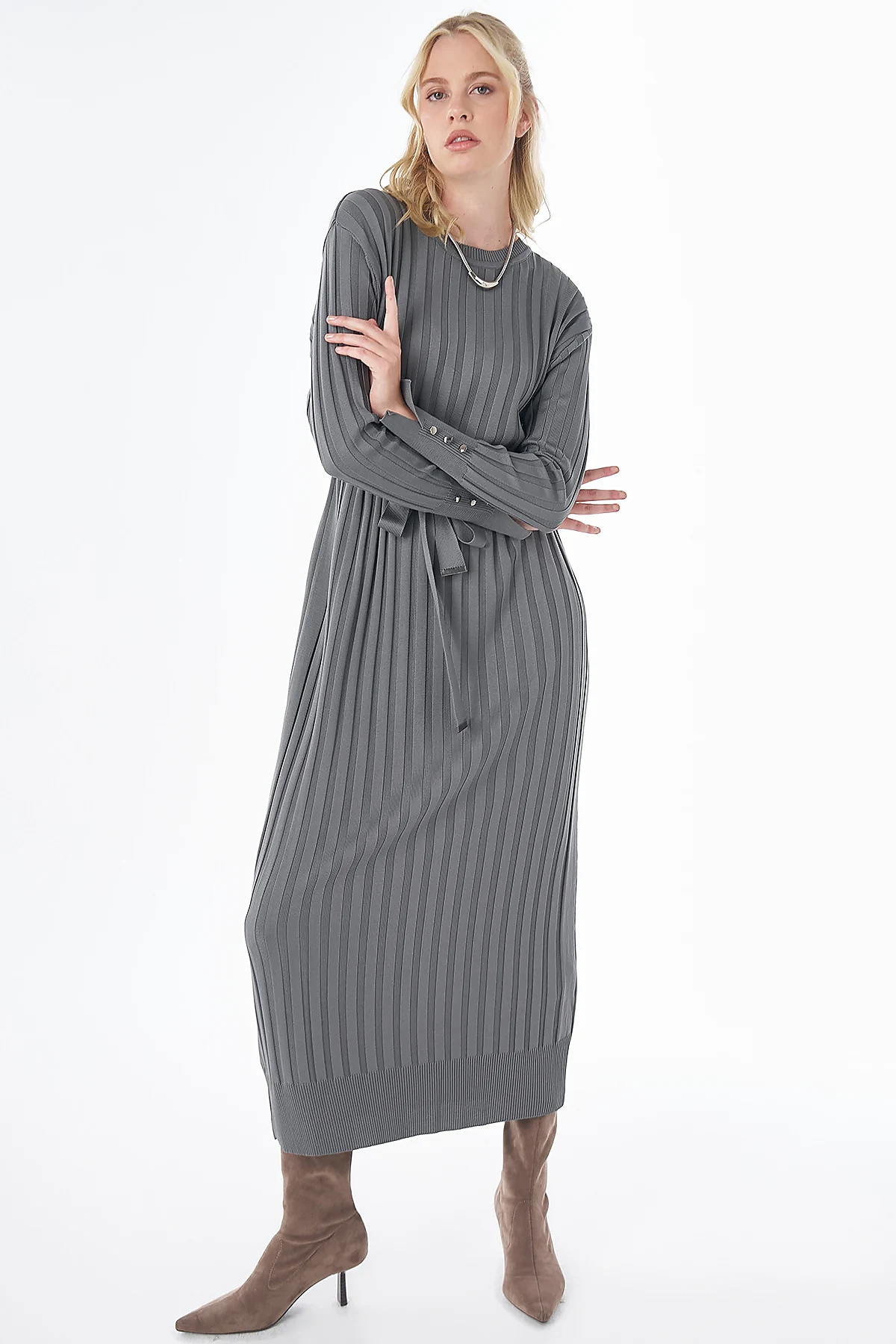 Belted Knit Dress Anthracite