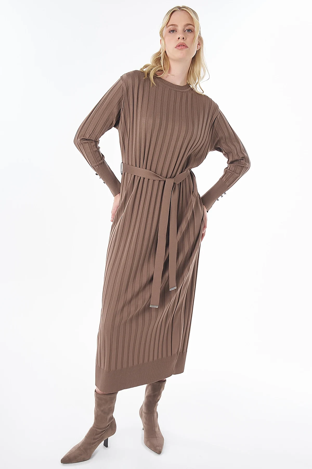 Belted Knit Dress Brown