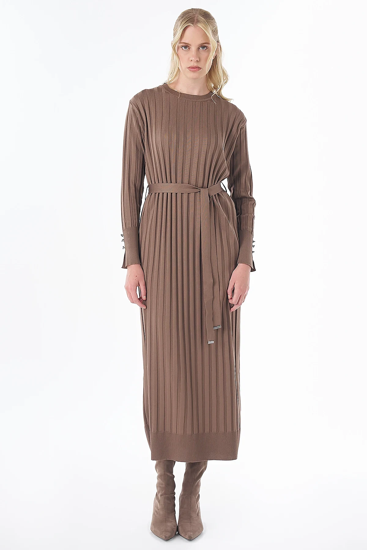 Belted Knit Dress Brown