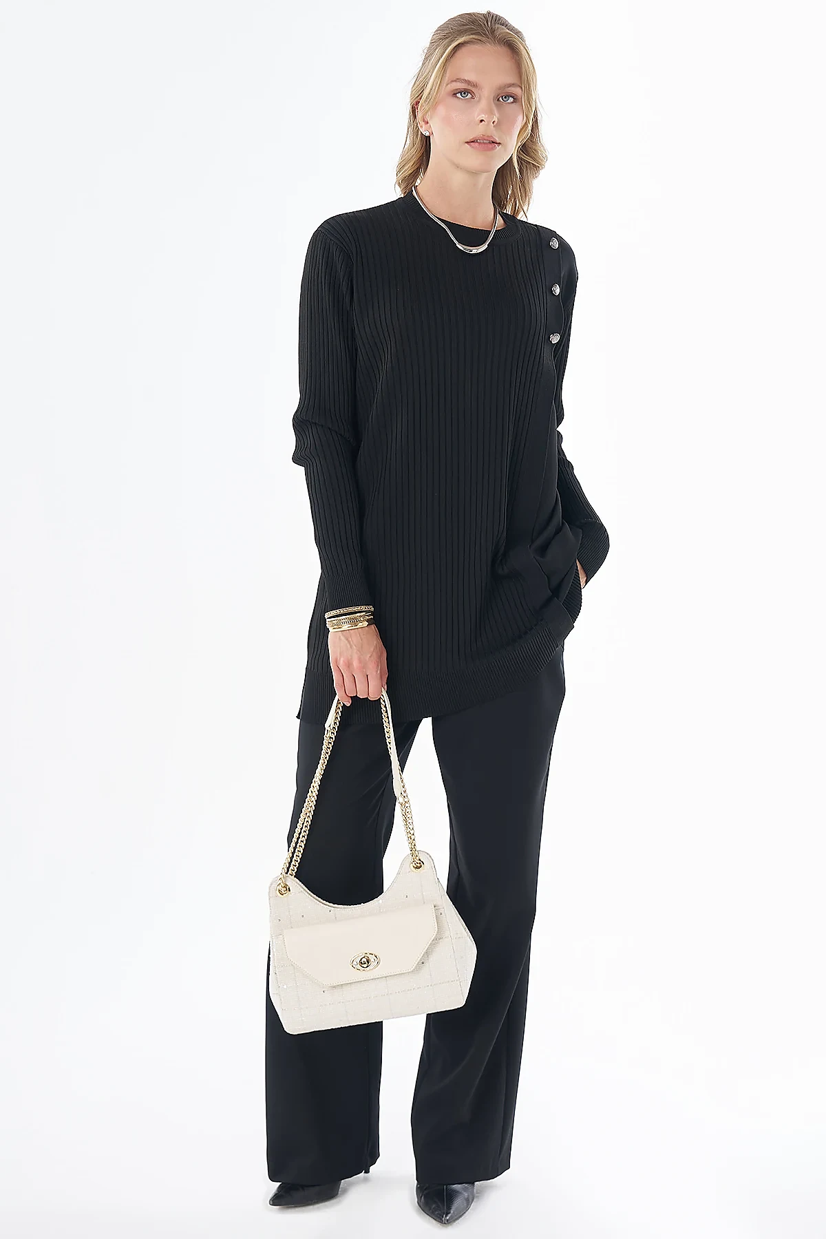 Button-Detail Knit Tunic - Black