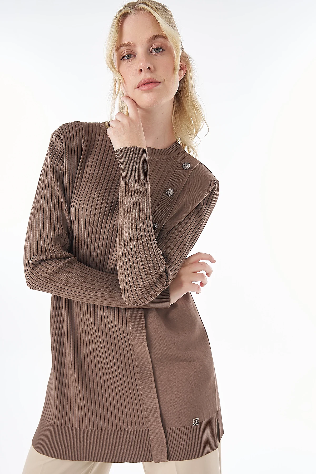 Button-Detail Knit Tunic - Mink