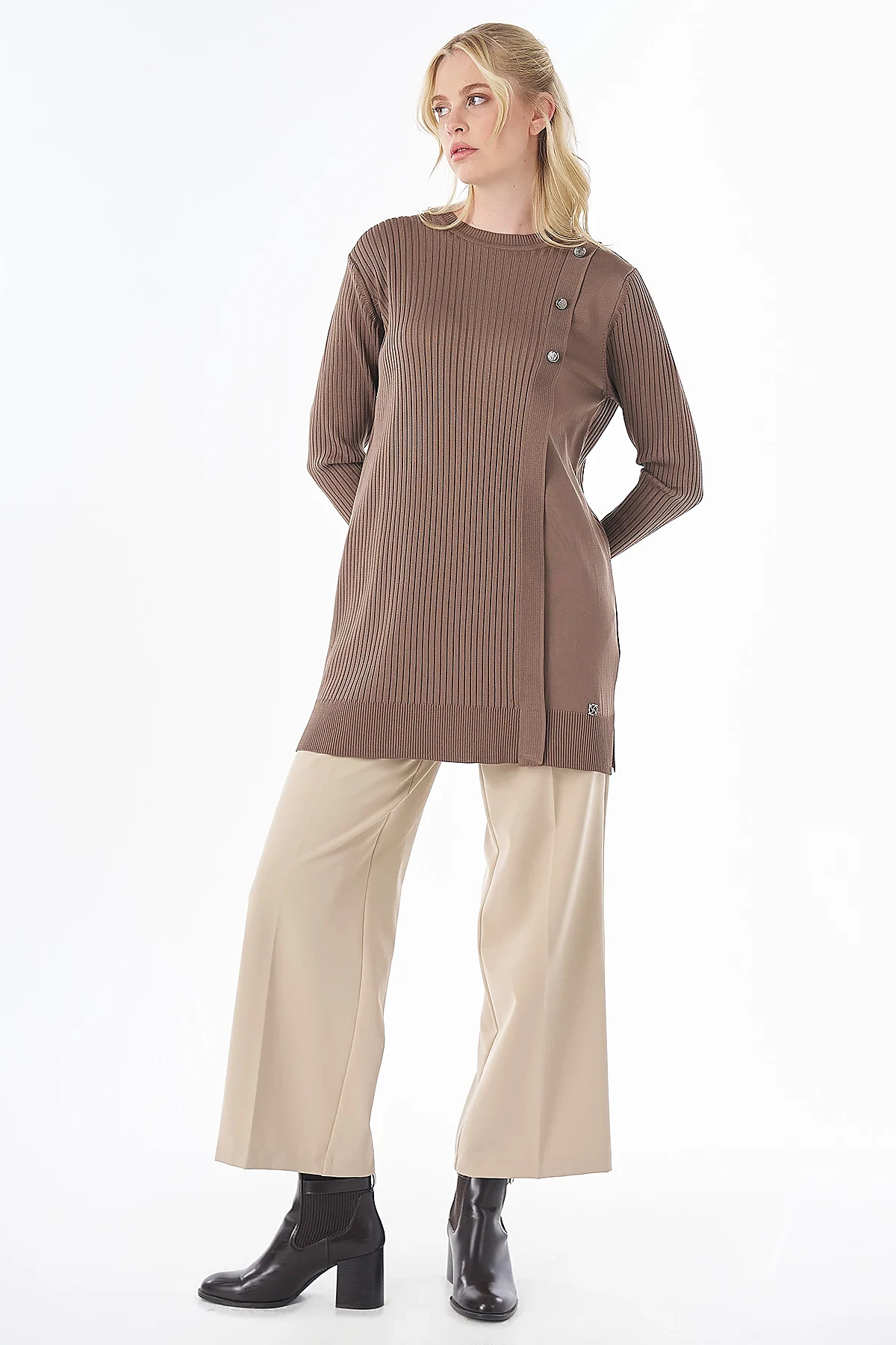 Button-Detail Knit Tunic - Mink