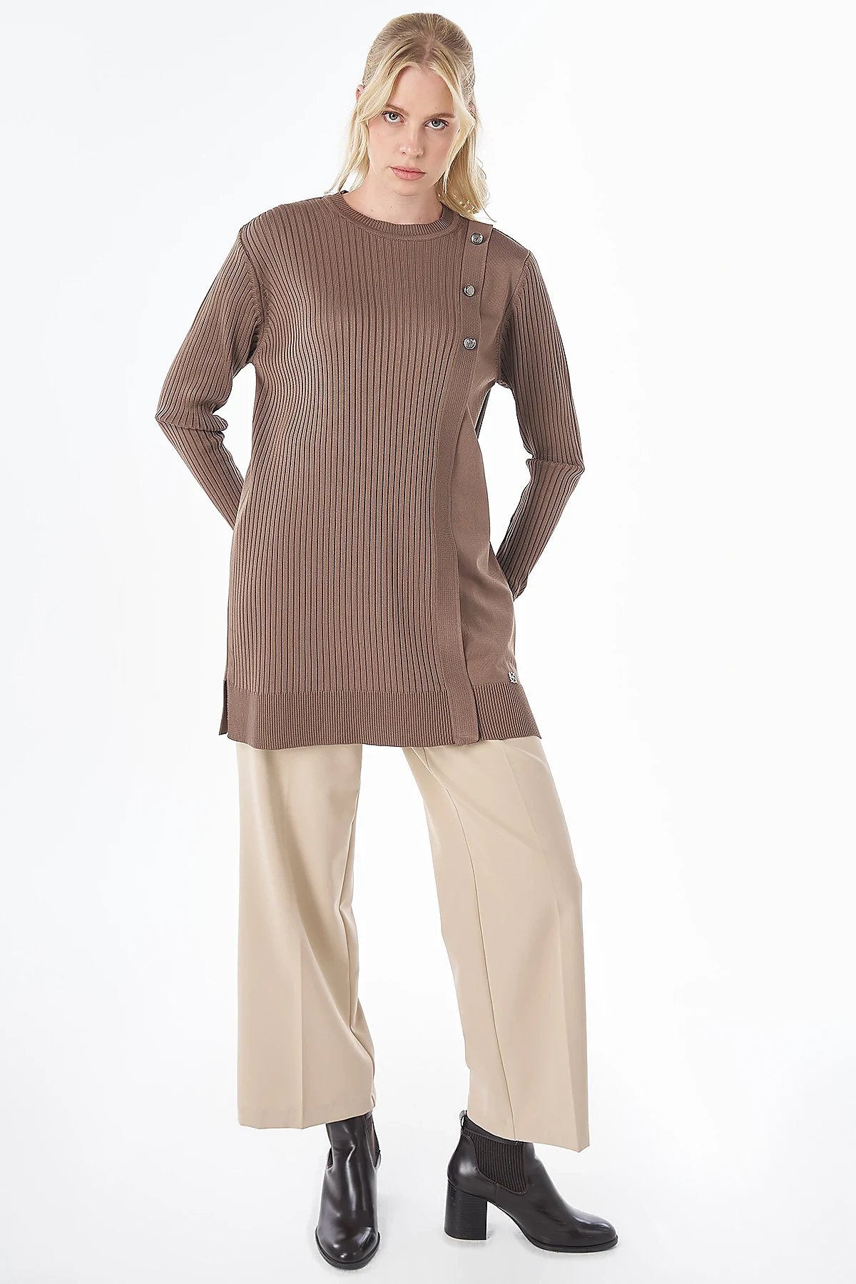Button-Detail Knit Tunic - Mink