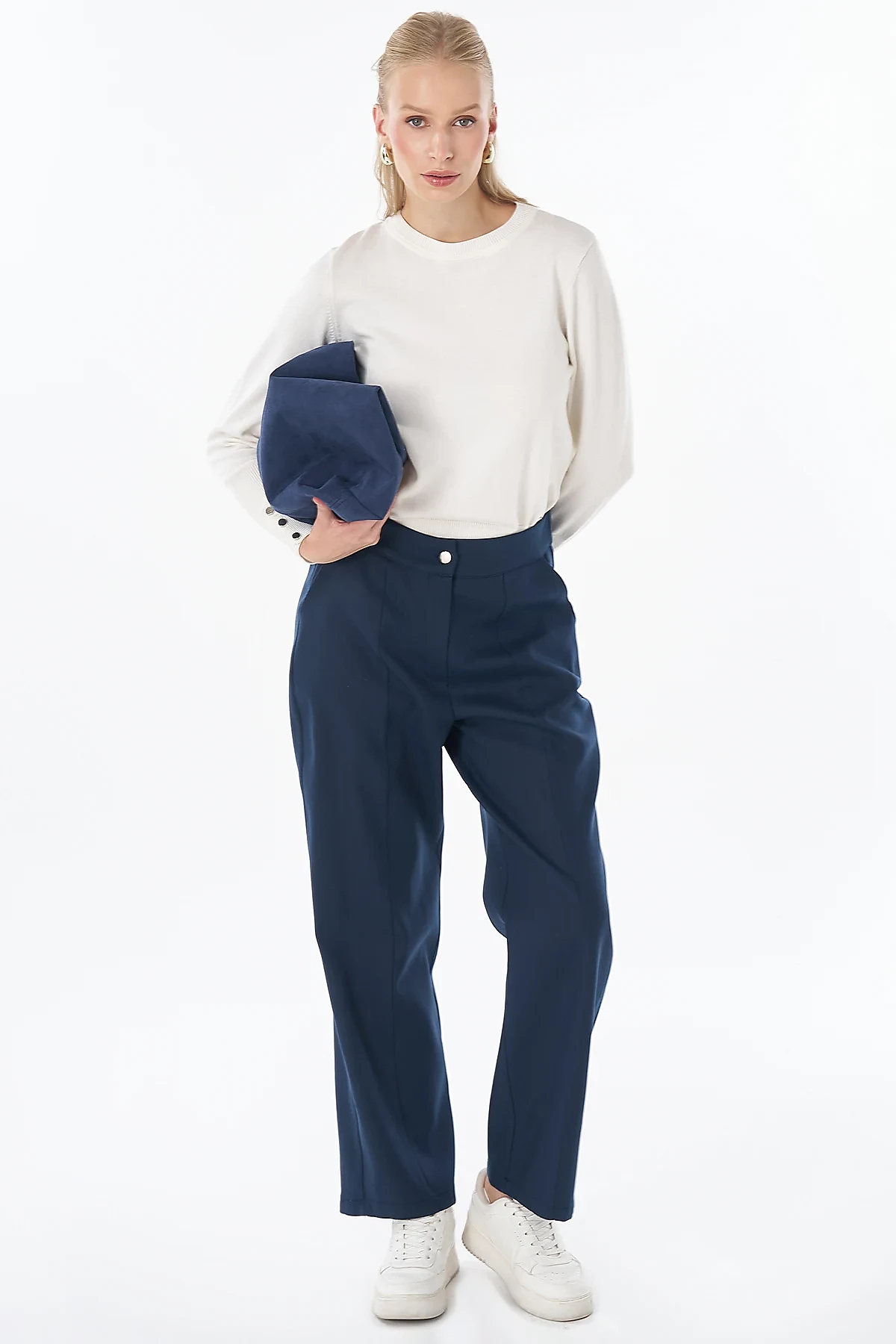 Stitch-Detail High-Waisted Pants Navy