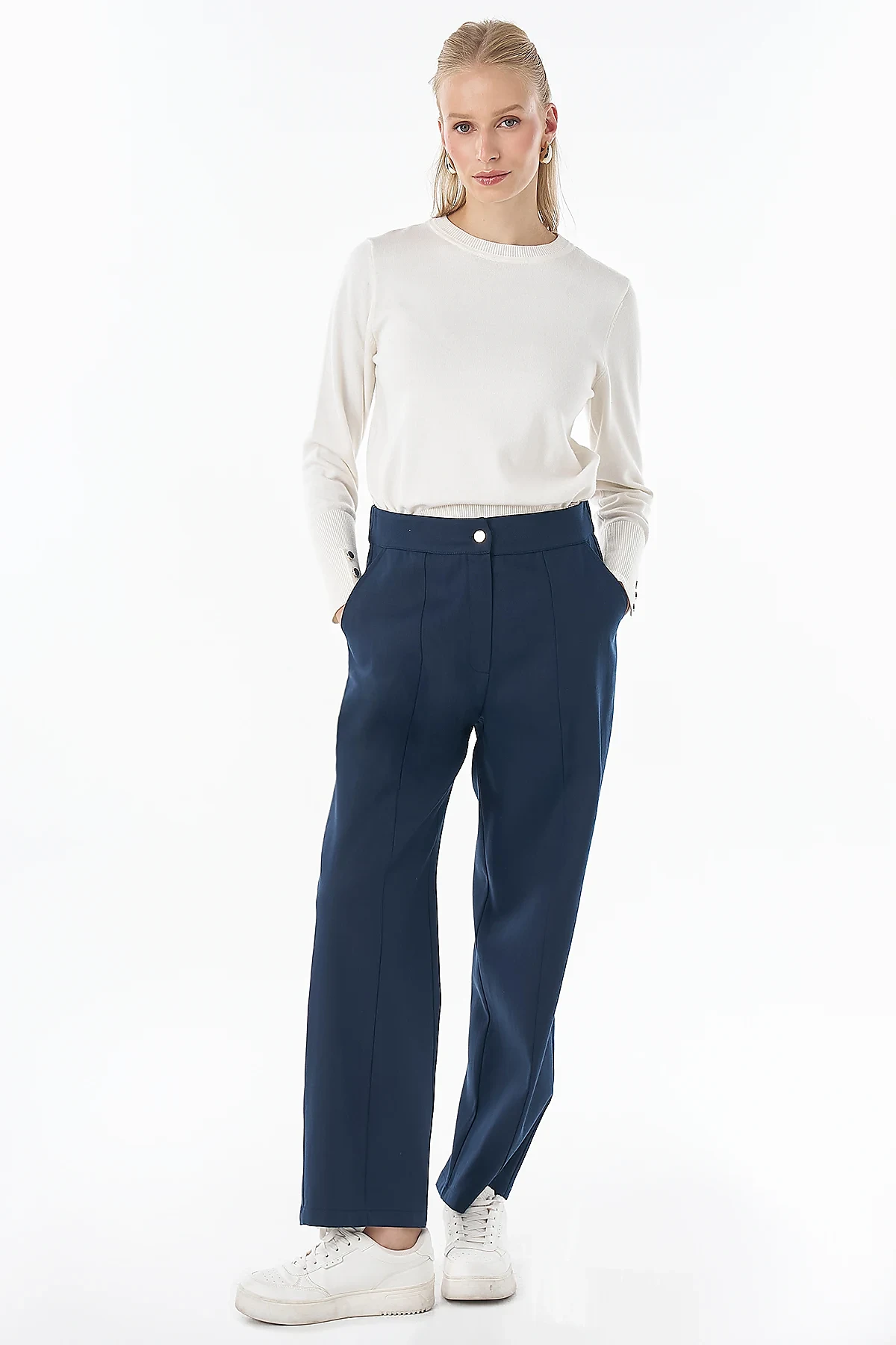Stitch-Detail High-Waisted Pants Navy