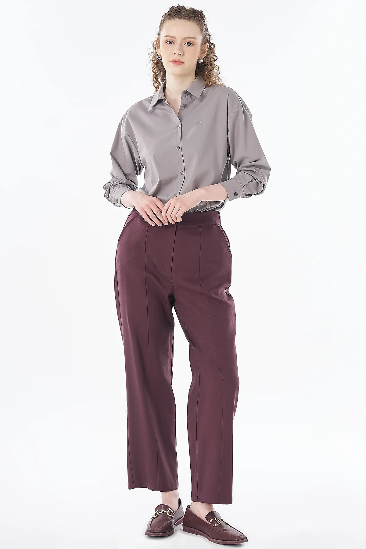Stitch-Detail High-Waisted Pants Burgundy