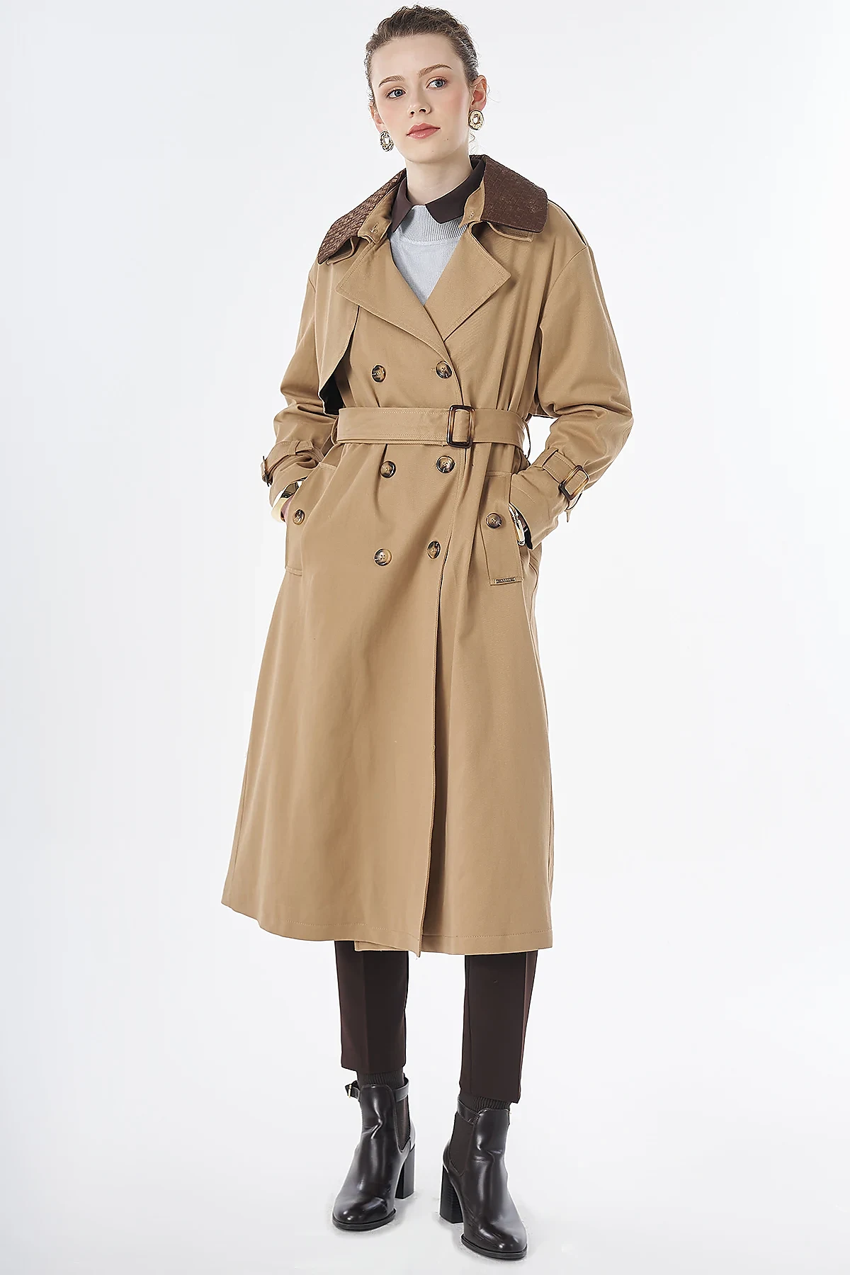 Leather-Collar Trench Coat Beige