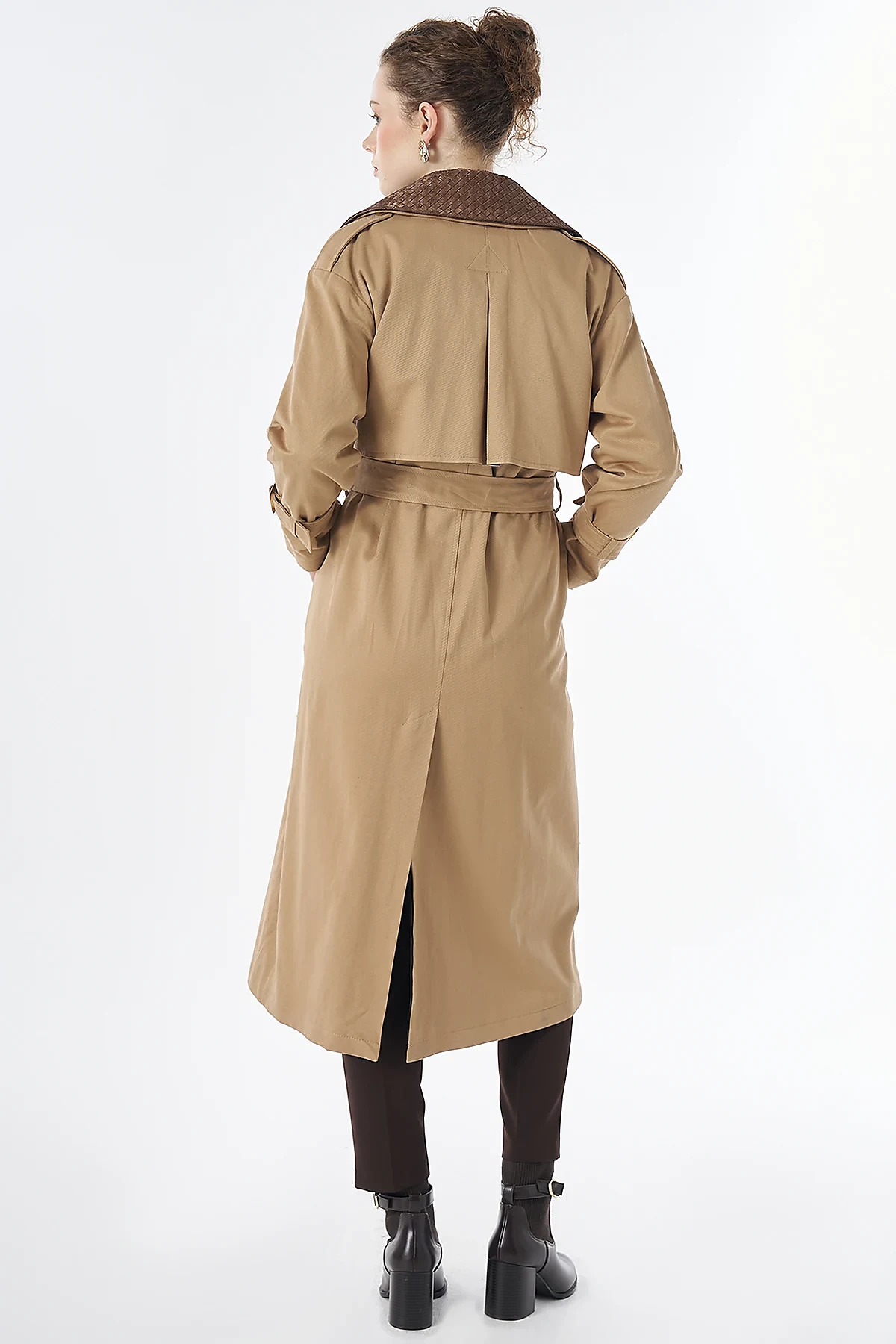 Leather-Collar Trench Coat Beige