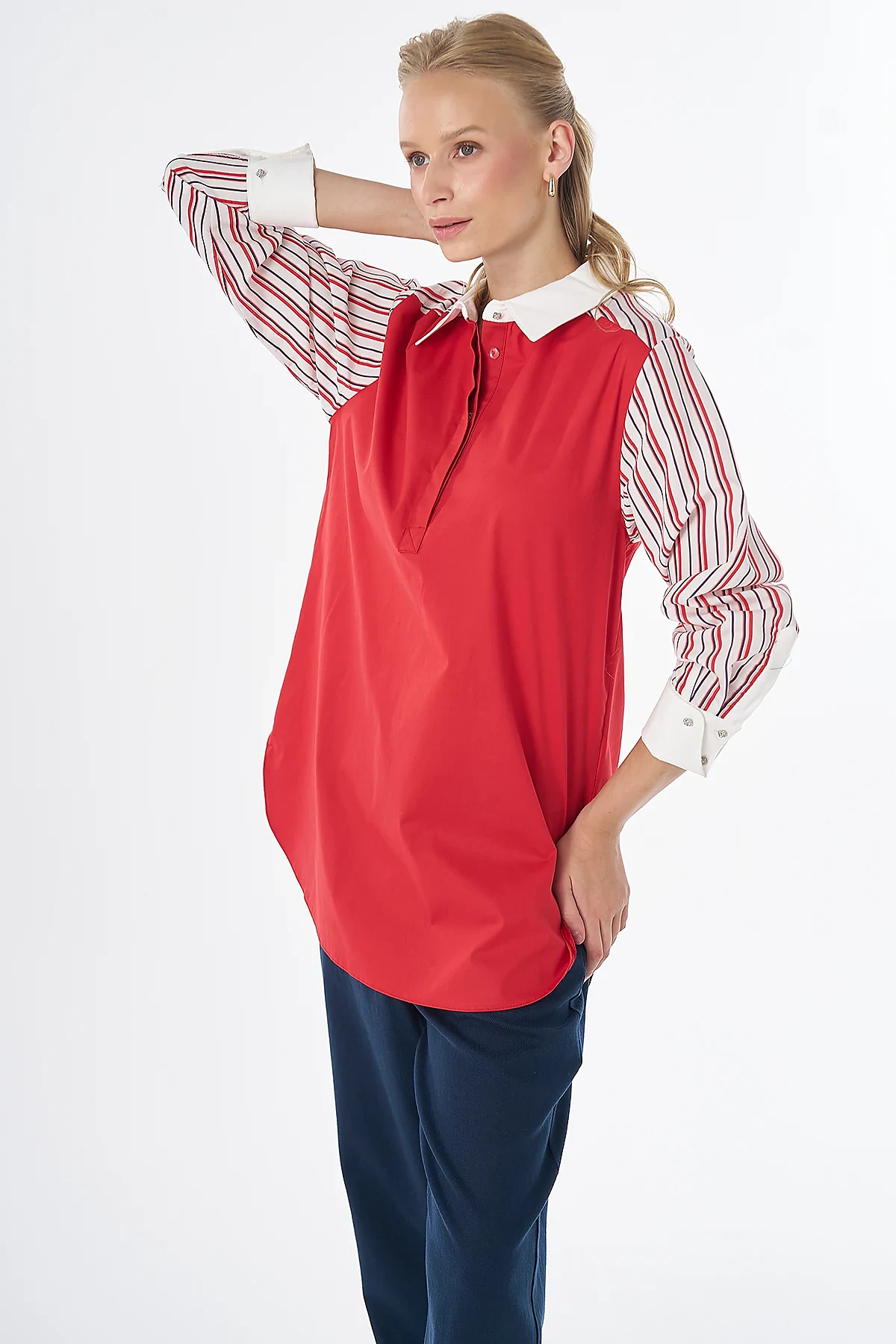 Concealed Placket Cotton Tunic Red