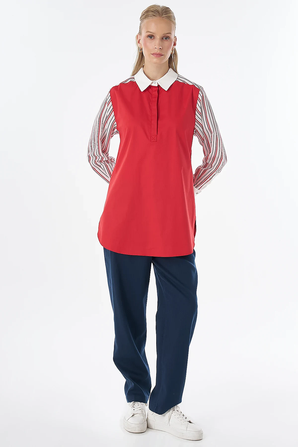Concealed Placket Cotton Tunic Red