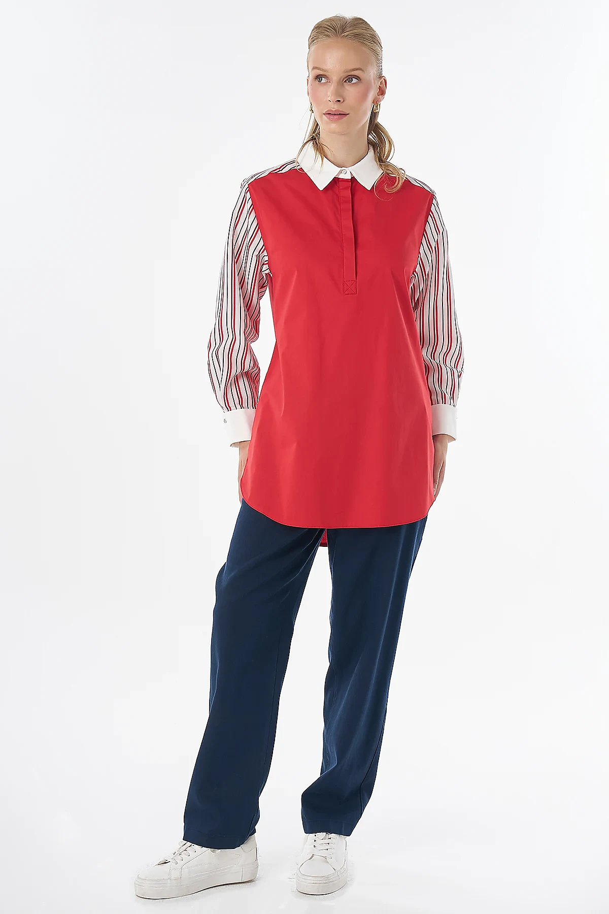 Concealed Placket Cotton Tunic Red
