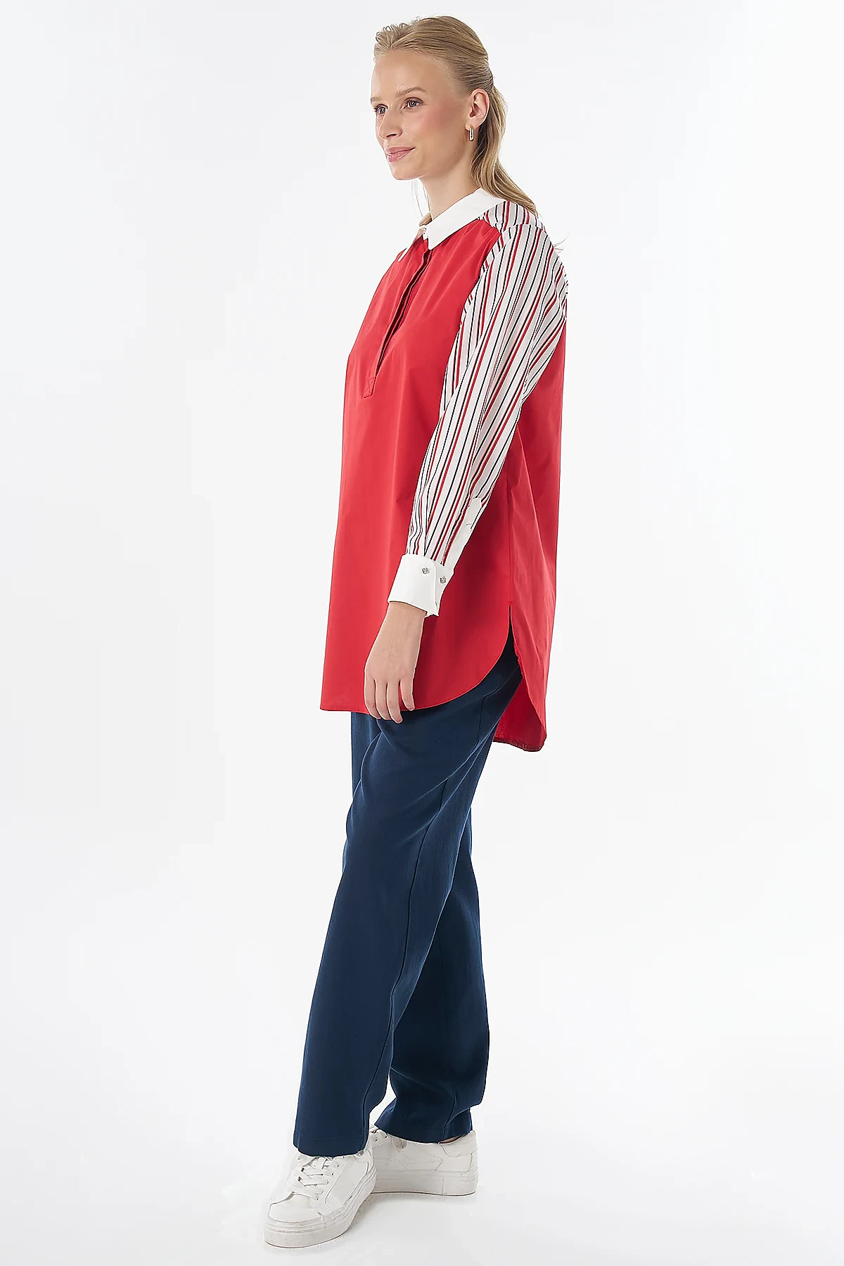 Concealed Placket Cotton Tunic Red