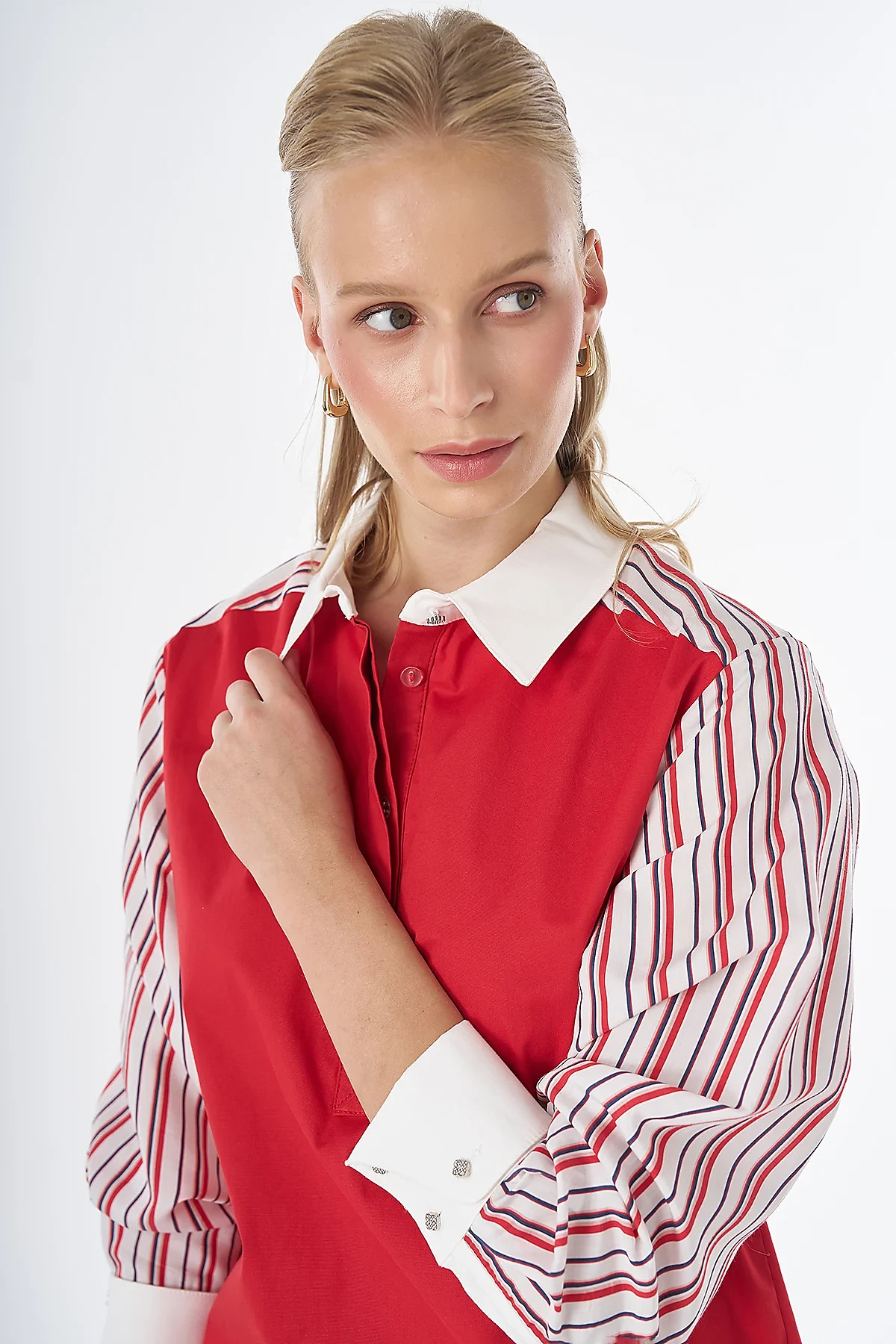 Concealed Placket Cotton Tunic Red