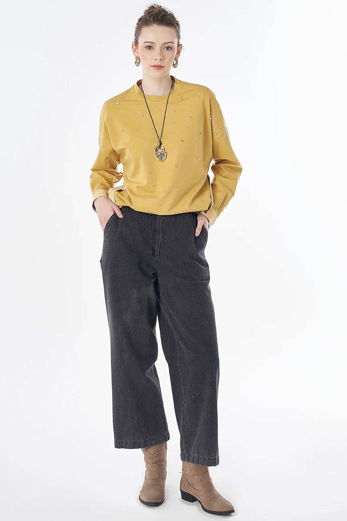 Hotfix-Embellished Rayon Sweatshirt Yellow