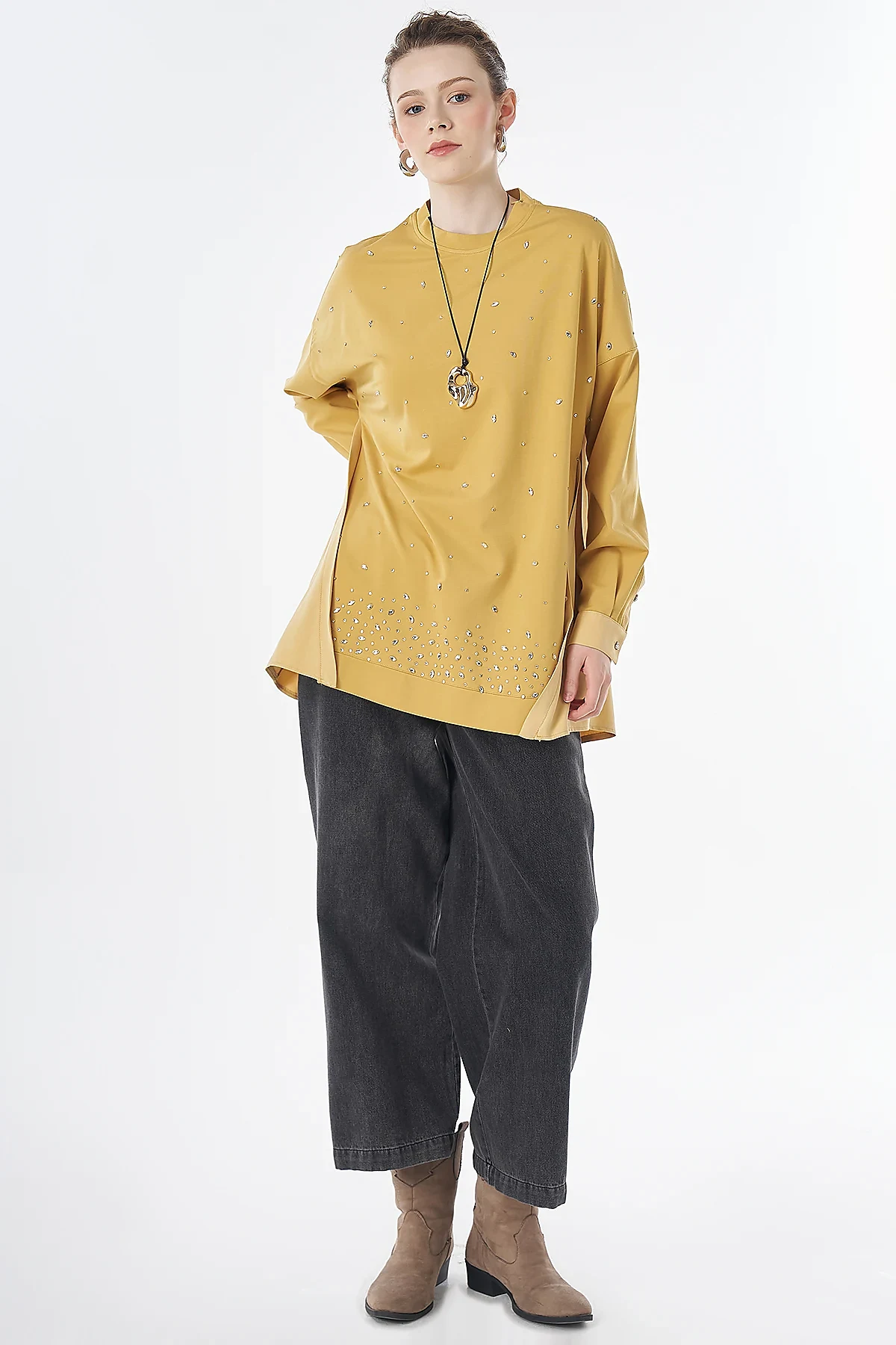 Hotfix-Embellished Rayon Sweatshirt Yellow