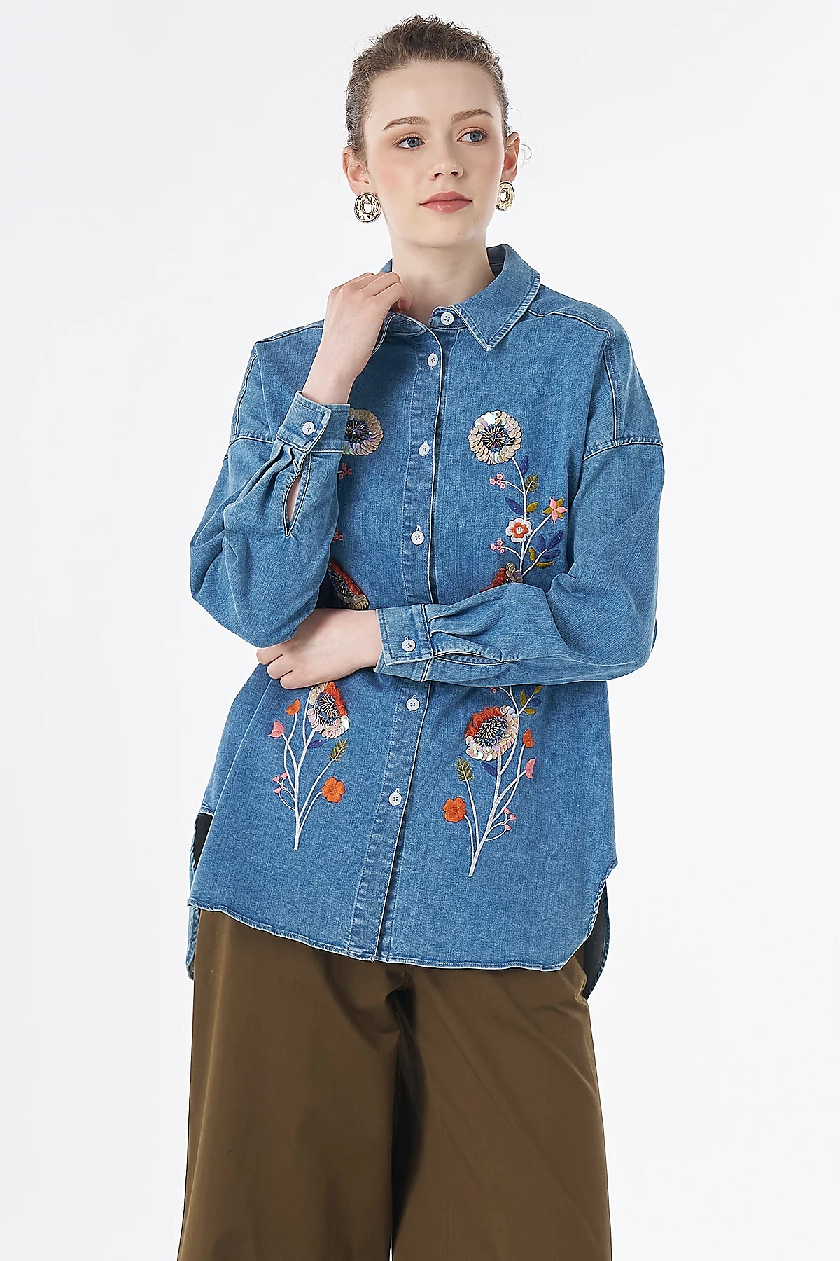 Washed Embroidered Denim Tunic Blue